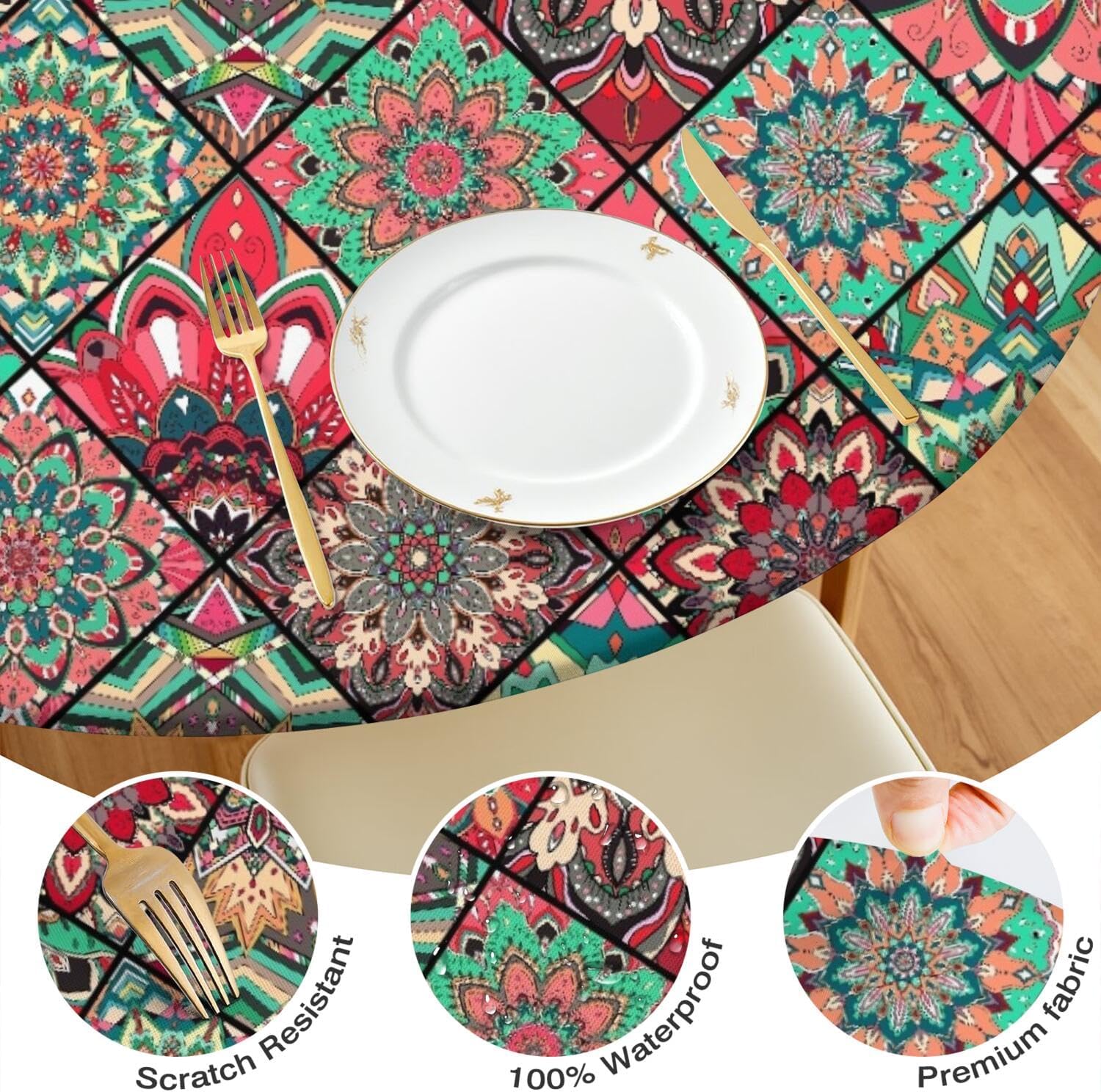 Detalle de BOOWEATS Round Fitted Tablecloth, 42-Inch