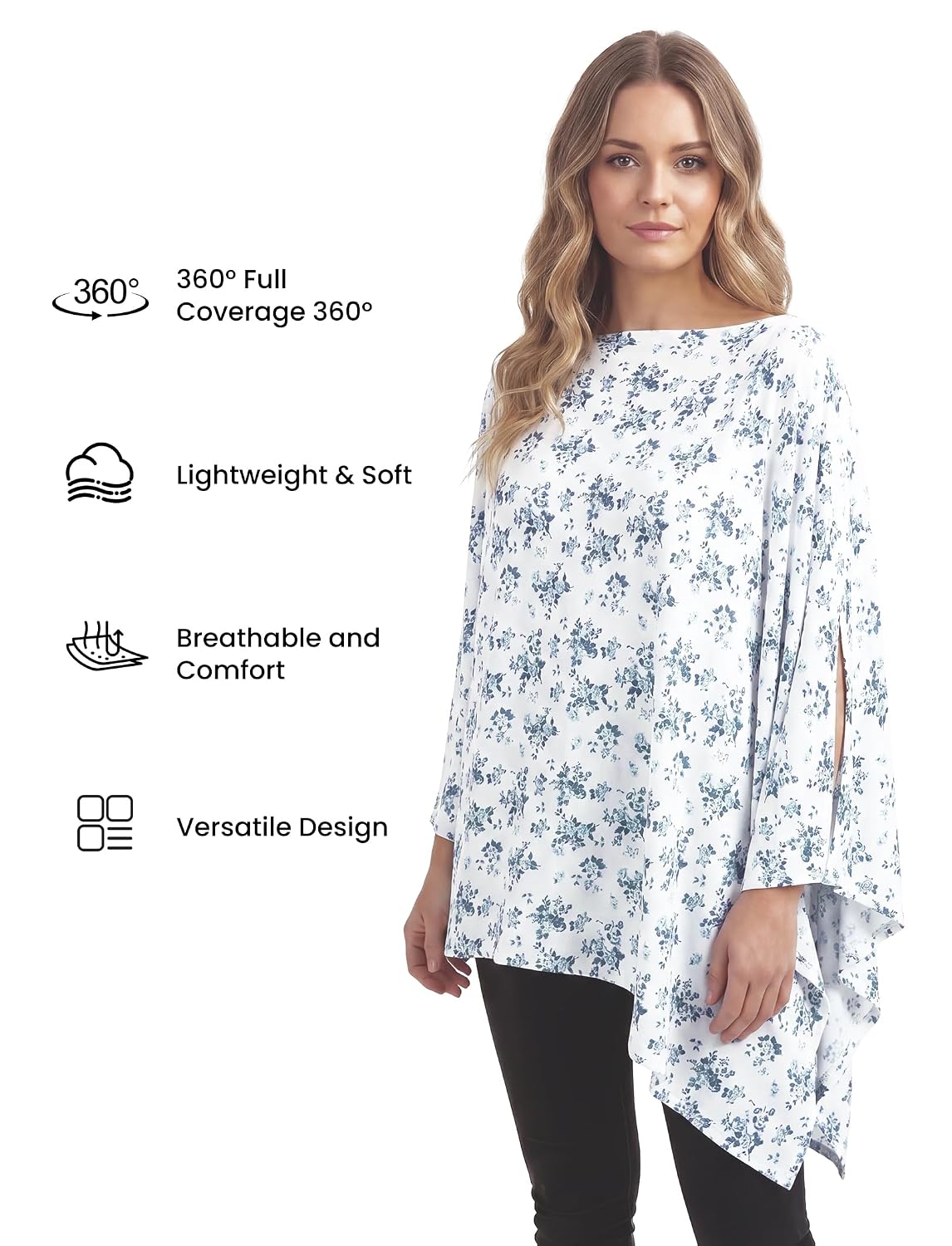 Detalle 1 de PATPAT Bamboo Viscose Nursing Cover, Blue Floral Poncho with 360° Coverage