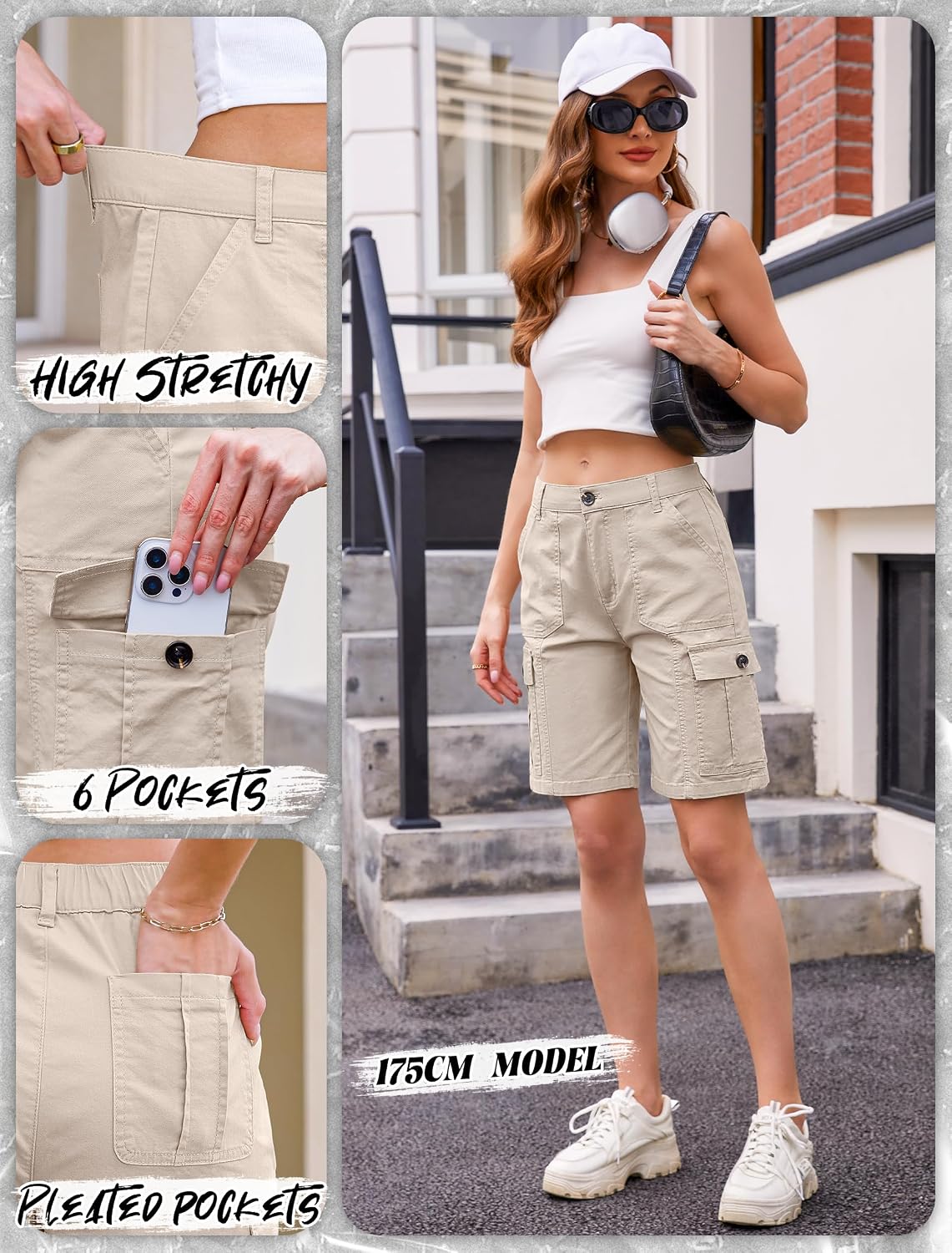 Detalle 2 de Eddoyee Bermuda Cargo Shorts for Women: High-Waisted, Stretchy, 6-Pocket Comfort