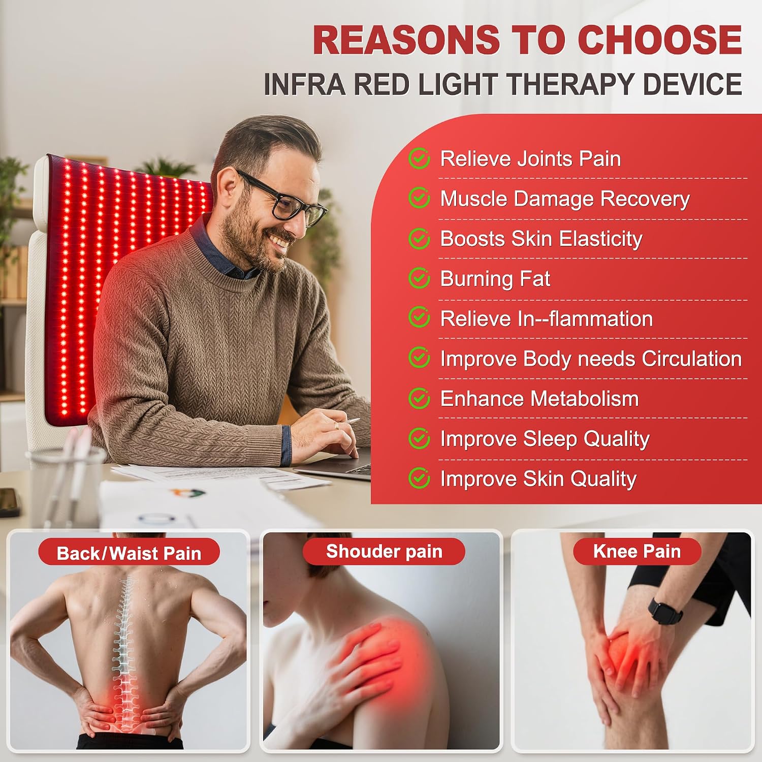 Detalle de Pedete Red Light Therapy Mat for Body (39”×24”) with 660nm/850nm Dual Spectrum, 61W, Timer Remote