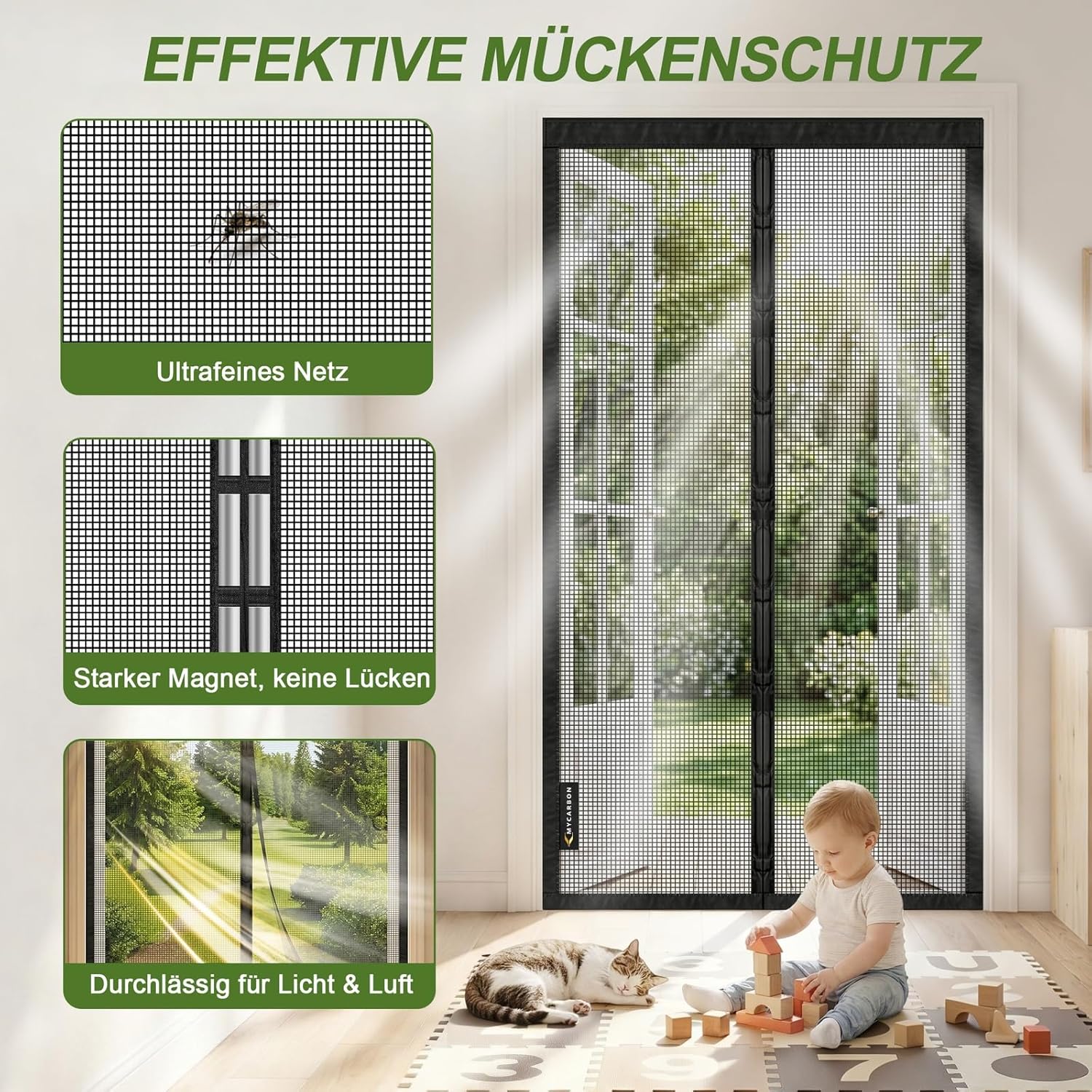 Detalle 2 de MYCARBON Fiberglas Fliegengitter Balkontür gegen Katzenkratzer – 95x210 cm, 3,8 cm Klettband, UV-beständig, schwarz