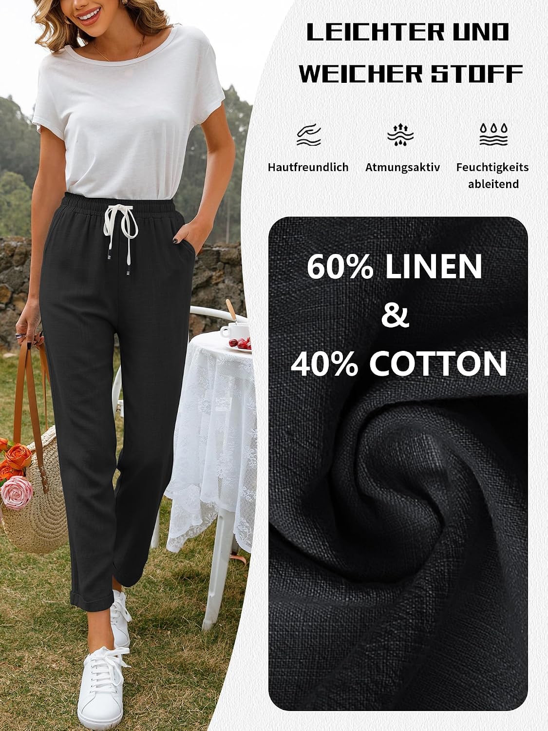 Detalle 2 de Hose Damen Leinen-Sommerhose 7/8 Casual – leichte Baumwolle-Leinenhose mit Taschen
