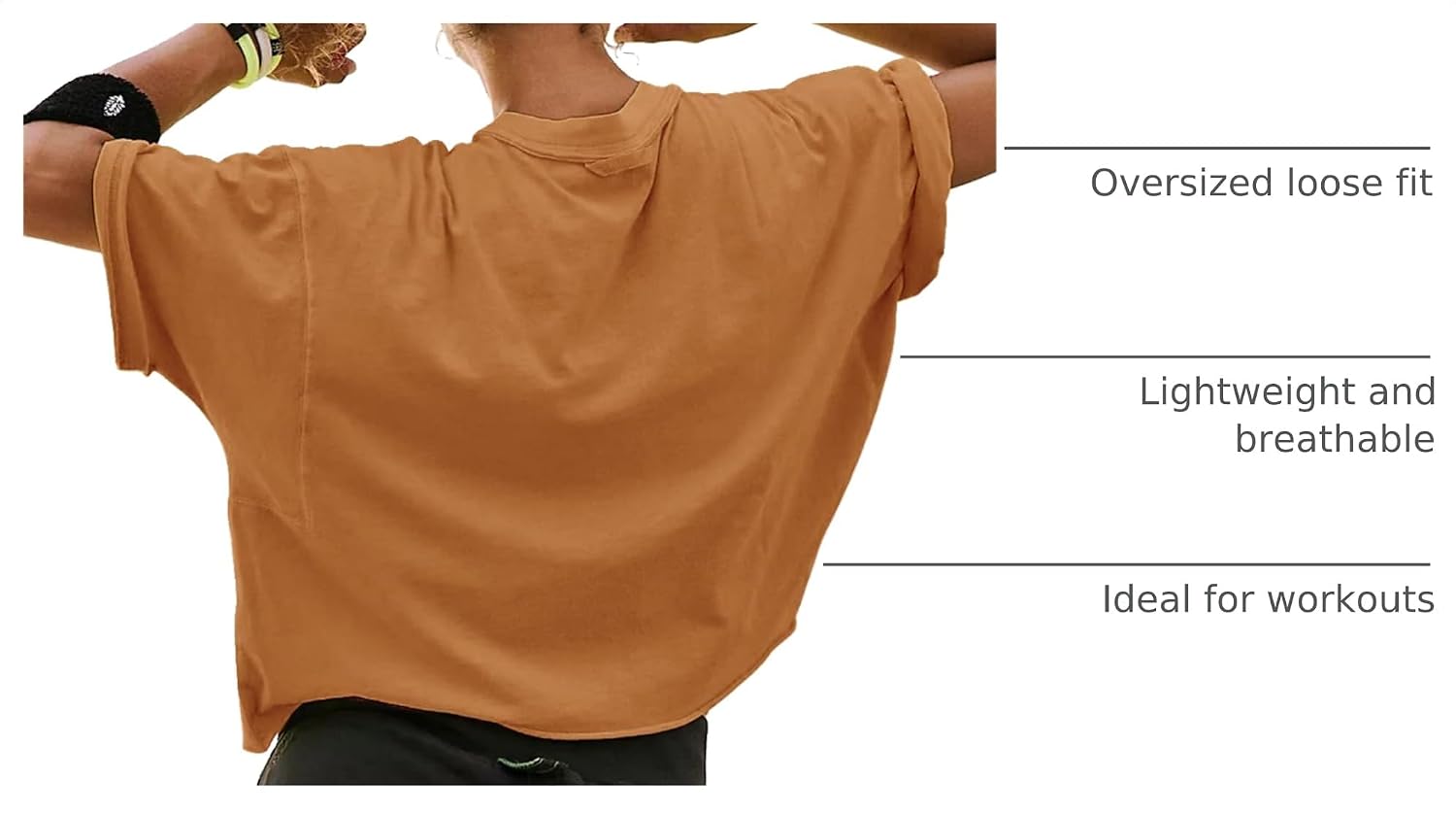 Detalle de Women's Oversize Workout Crop Tops Roll Hem Basic Loose Yoga Tee