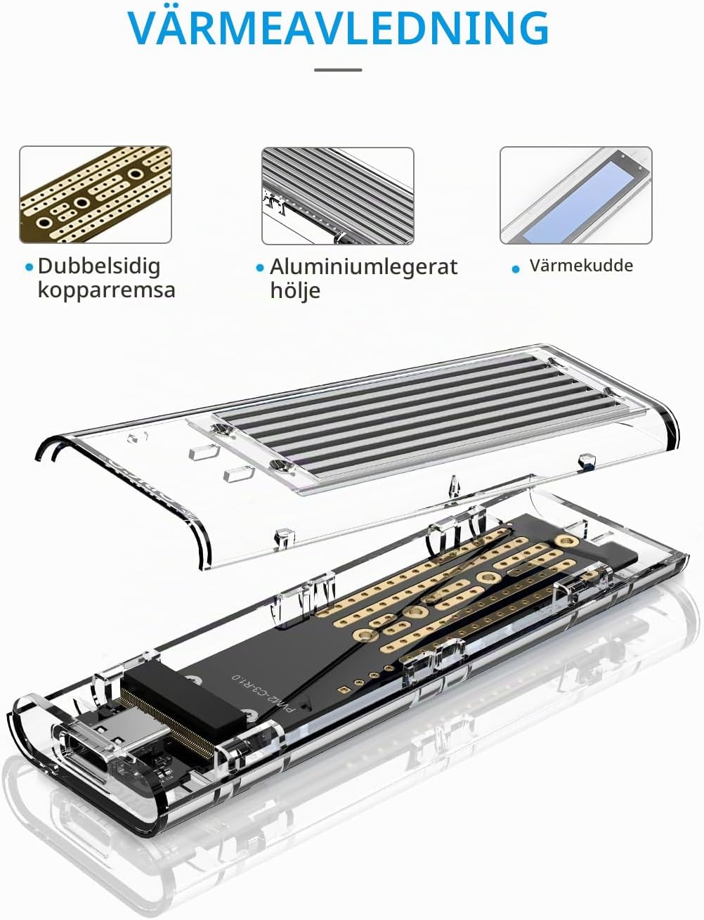 Detalle de ORICO TCM2-C3 M.2 NVMe-kabinett, USB-C 10 Gbit/s, M-Key 2230–2280