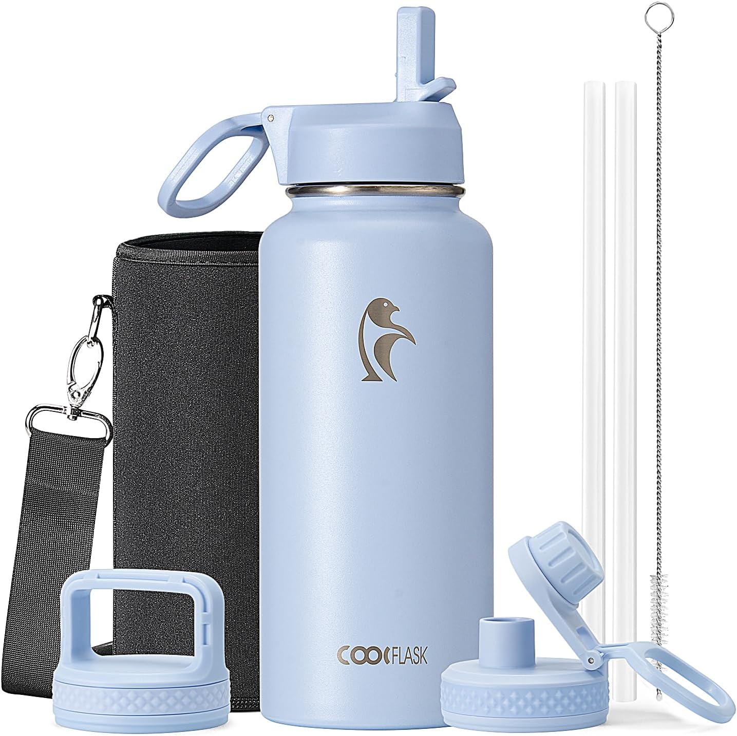 Detalle de Coolflask 32 oz Insulated Water Bottle with Straw — 3 Lids, Wide Mouth, Stainless Steel, Non-BPA, Light Blue
