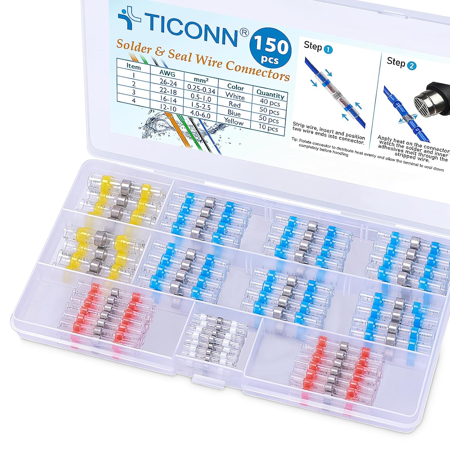 Detalle de TICONN 1 Solder Seal Wire Connectors, 150-Piece Heat-Shrink Butt Splices