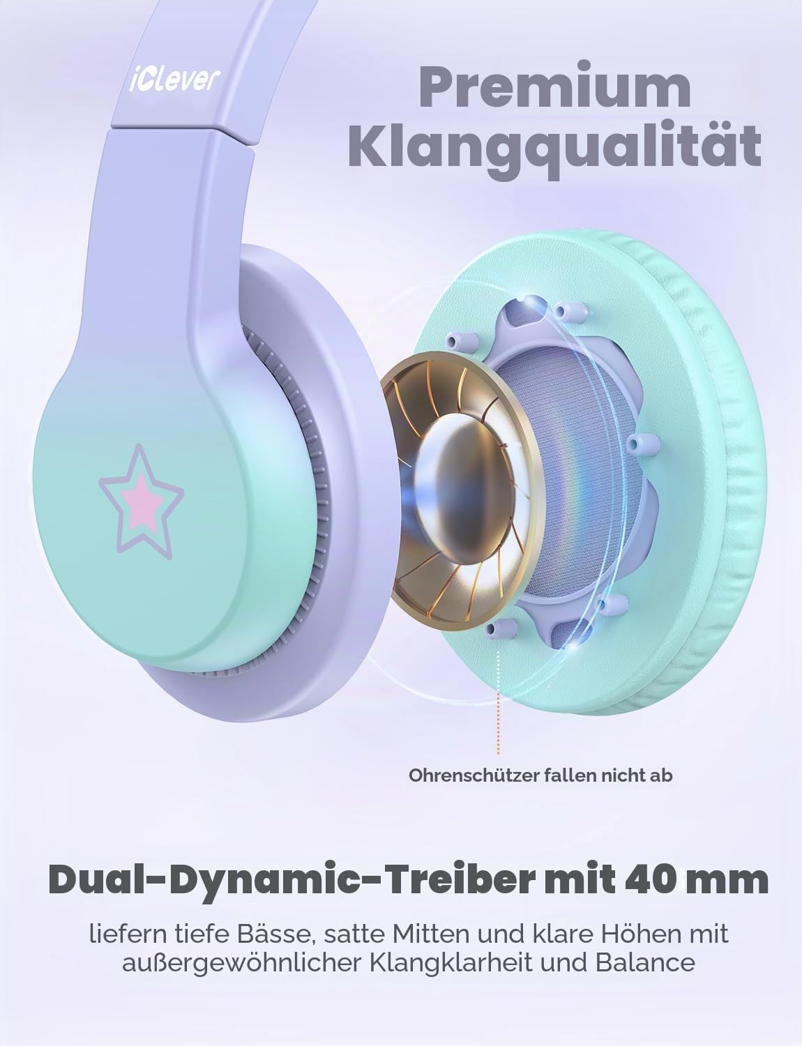 Detalle de iClever Kinder Kopfhörer HS19S mit Kabel – sichere Lautstärke bis 85 dBA, Over-Ear & klappbar (3,5-mm)