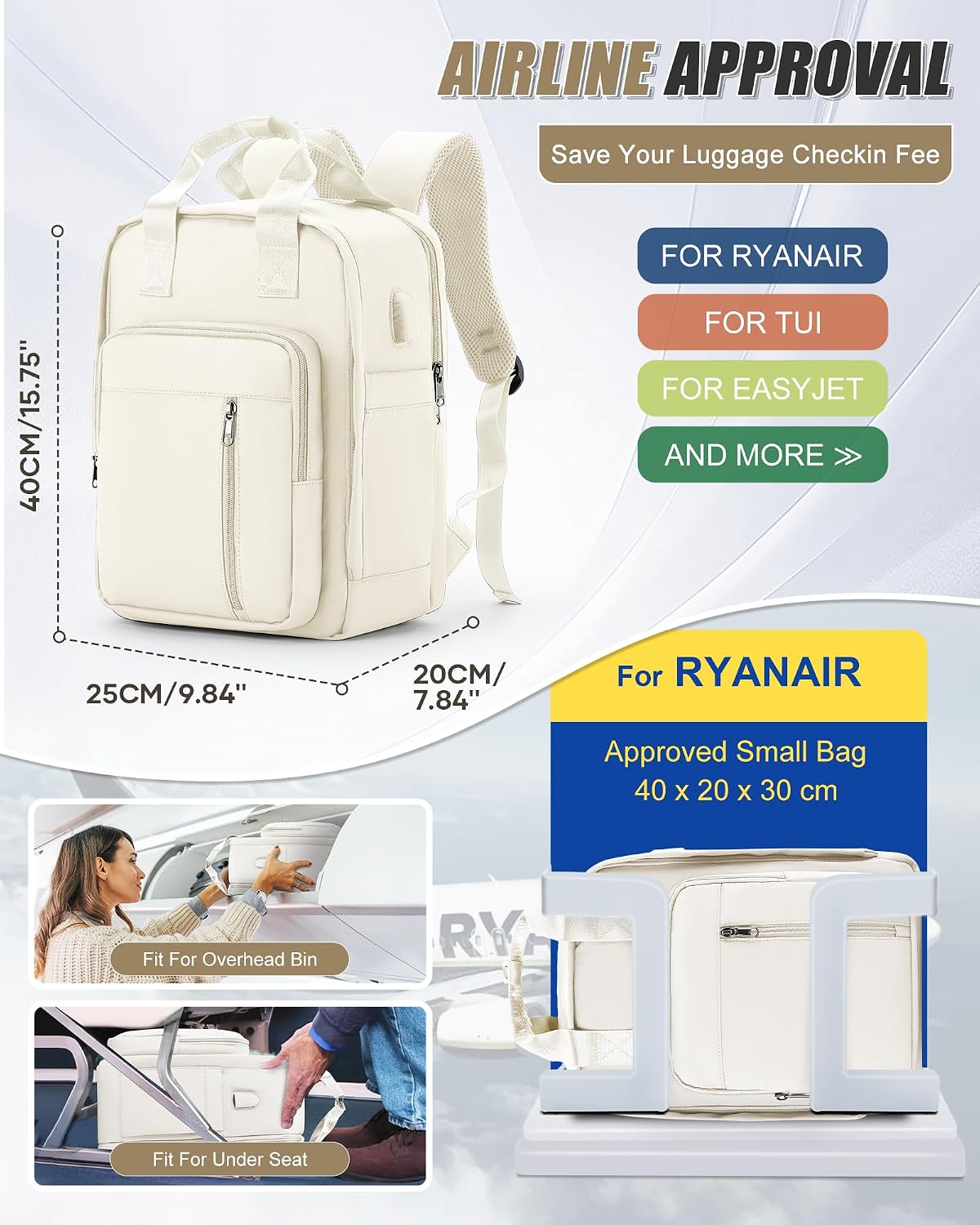 Detalle 2 de SZLX sac à dos de voyage sous vide avec pompe intégrée, format cabine (40 x 20 x 25) compatible Ryanair