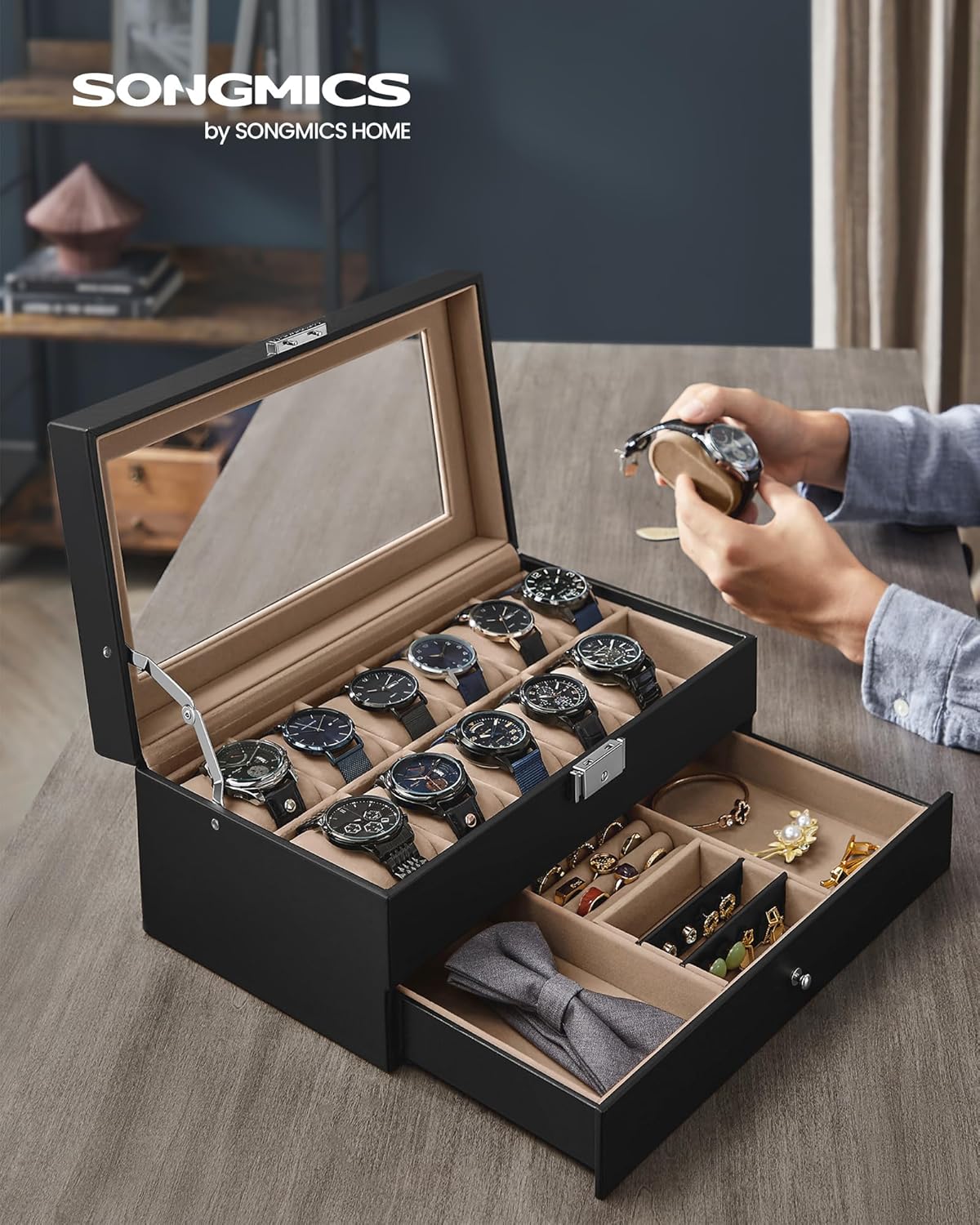 Thumbnail 1 de SONGMICS Boîte à Montres JWB012 – Coffret à 2 niveaux, 12 montres, PU Noir, Doublure beige verdâtre, Verrouillable