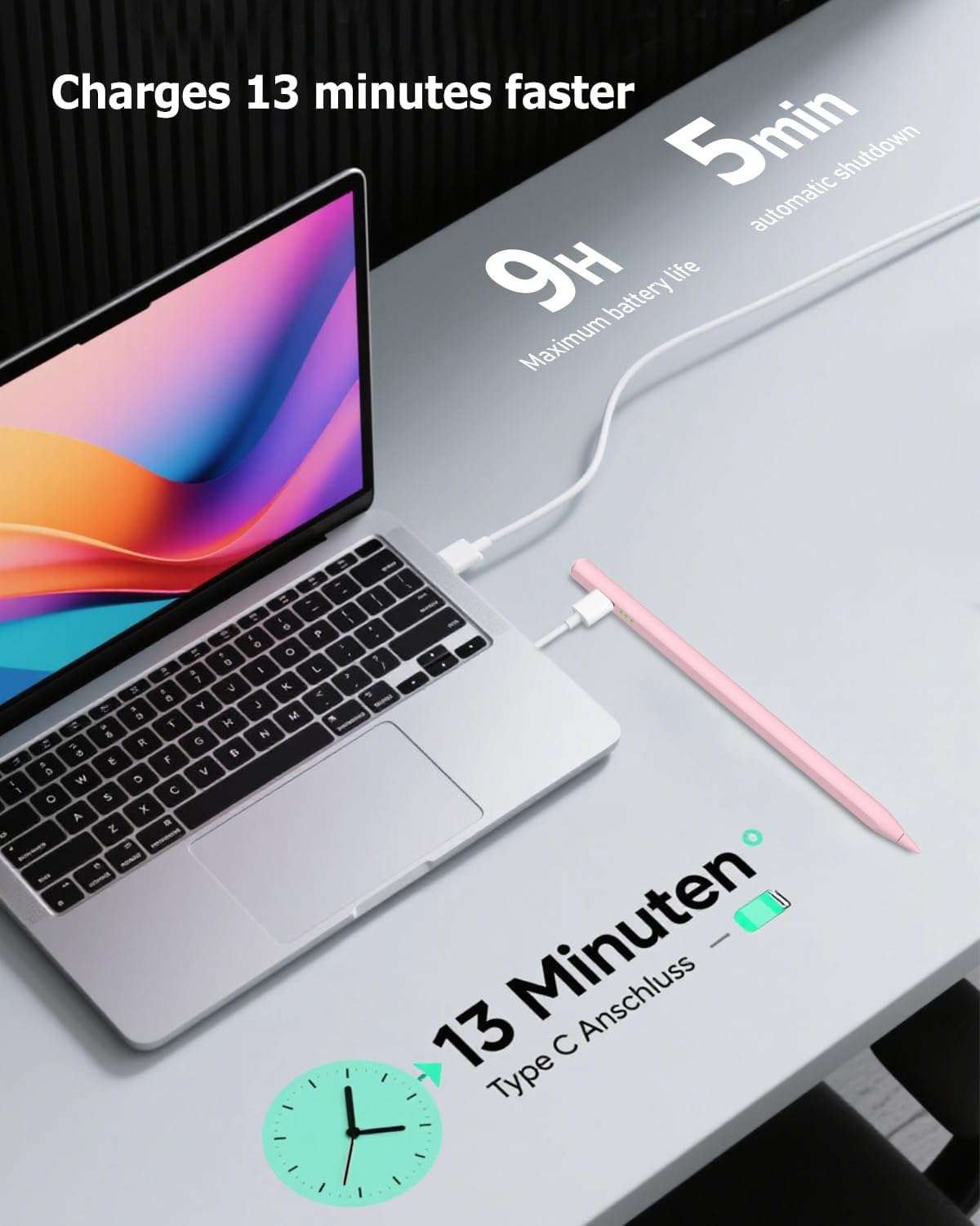 Detalle de MYSTILUCK Rosa Stift für iPad (2018–2025) – Schnellladeleistung, Palm Rejection & Neigungssensor