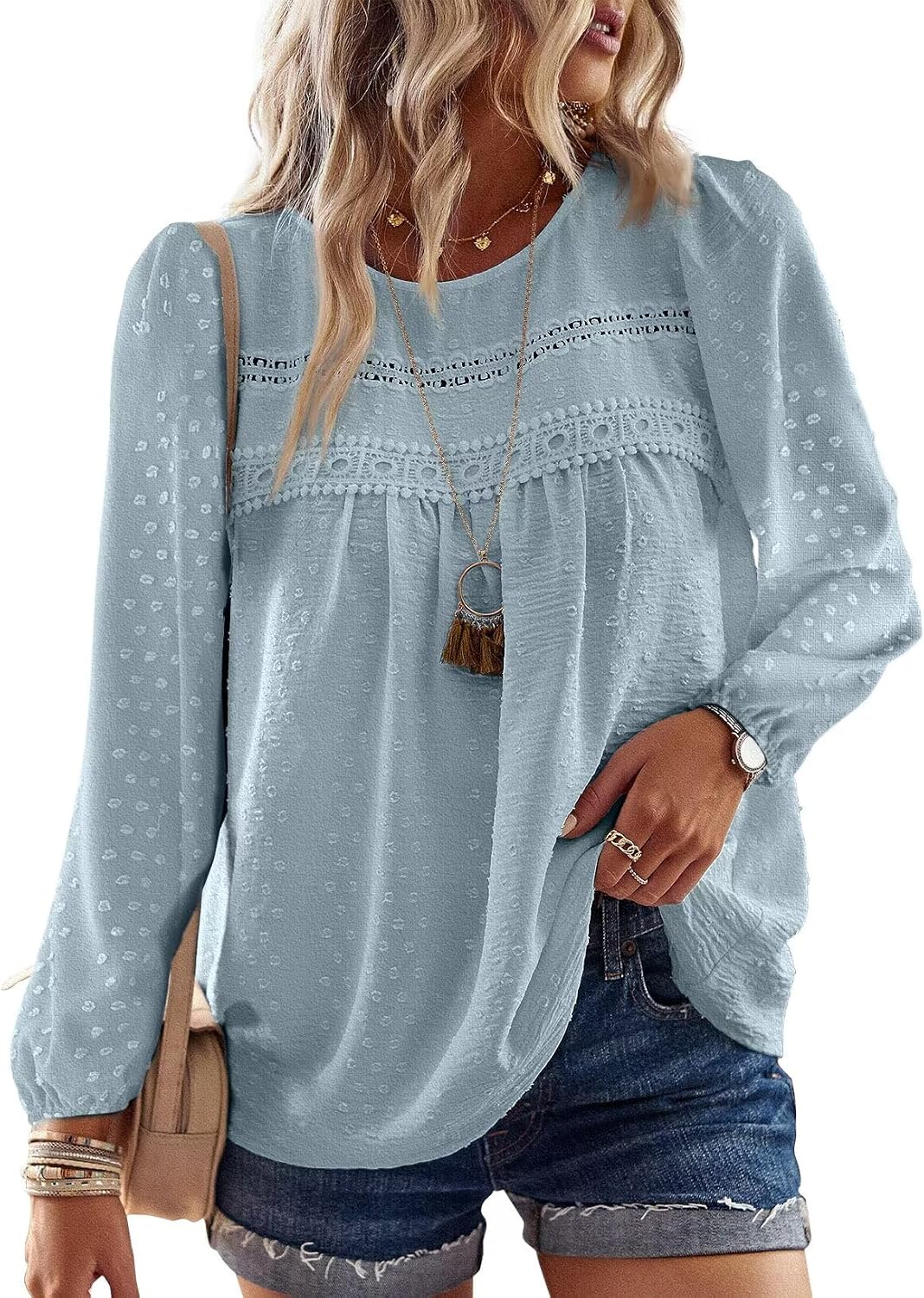 Thumbnail 5 de TUUHAW camicia donna a manica lunga boho con scollo rotondo e pizzo all’uncinetto