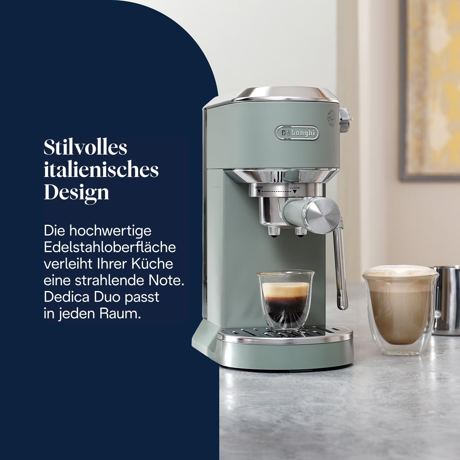 Detalle de De’Longhi Dedica Duo EC890.GR – Kompakte Siebträgermaschine in Grün