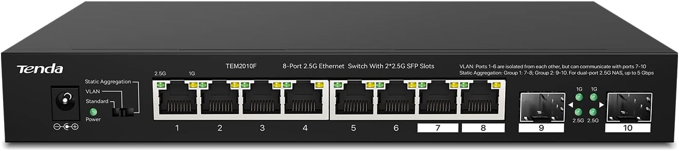 Detalle de Tenda TEM2010F: 8-Port 2,5 Gbit Unmanaged Switch mit 2 SFP-Ports – VLAN, Statische Aggregation, Plug & Play