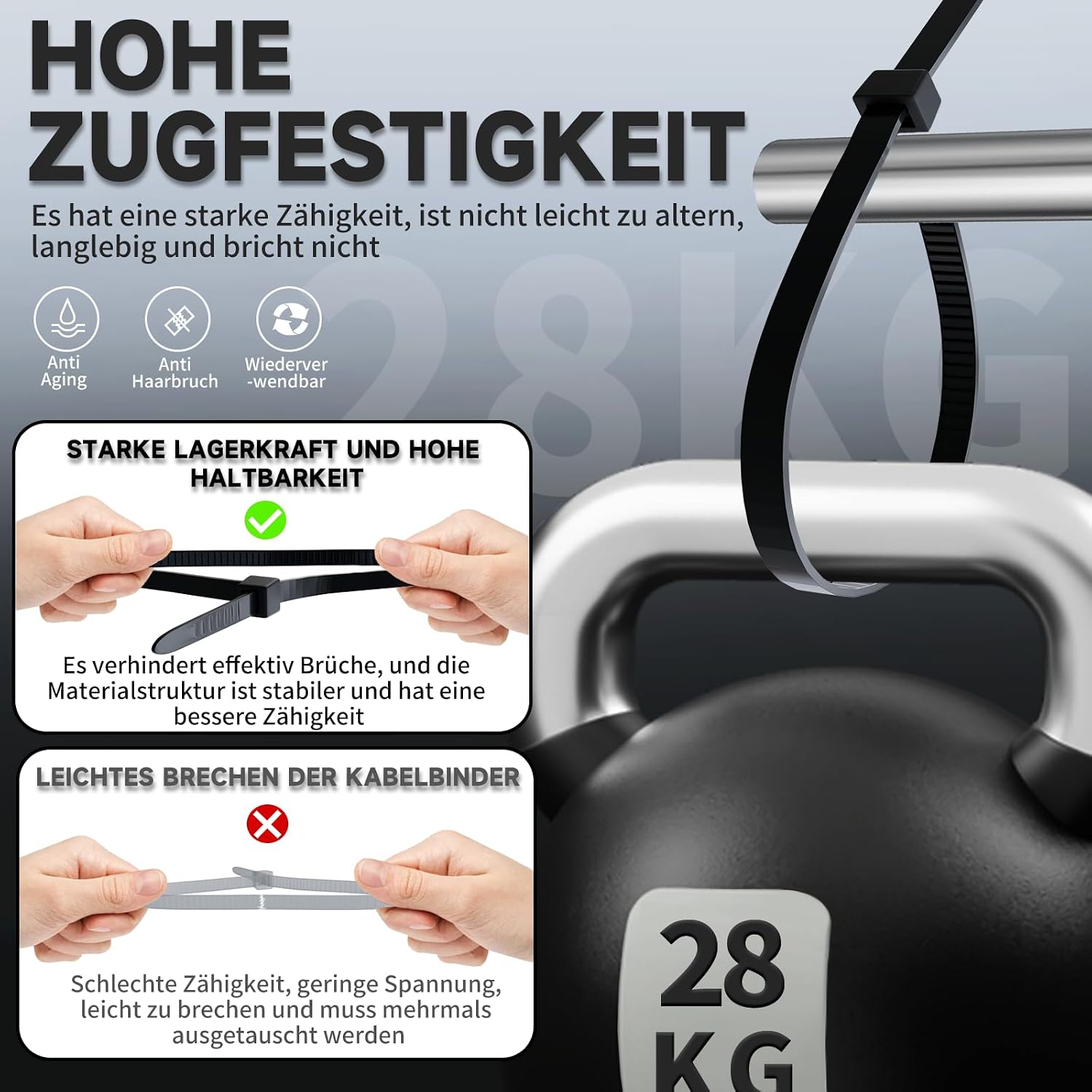 Thumbnail 2 de ZENIX Profi-Kabelbinder Set 400 Stück – 200/300/350/450 mm, UV-beständig, 28 kg Zugfestigkeit