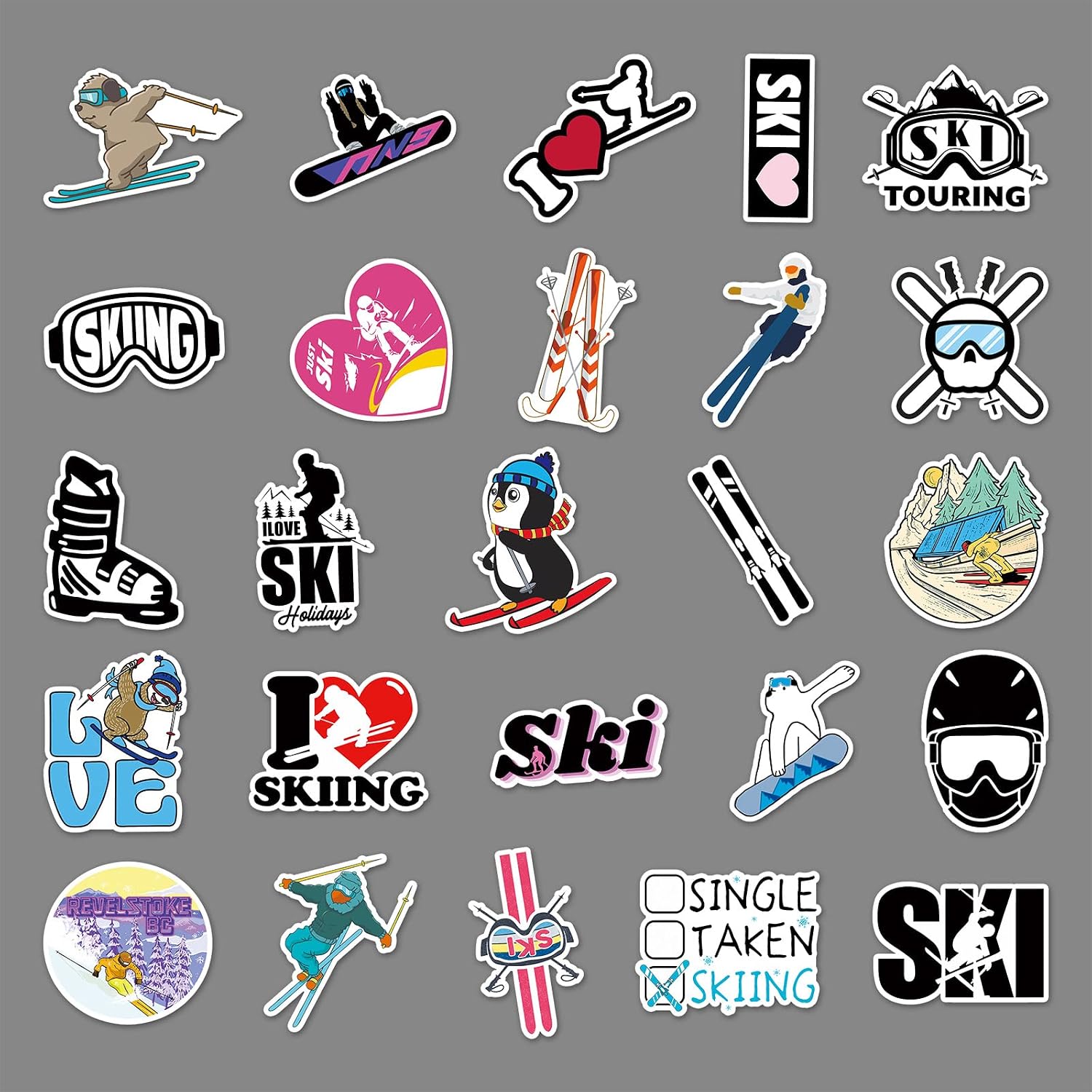Detalle 2 de Ski Aufkleber Set – 50 Stück, Winter Skifahren Graffiti Vinyl-Aufkleber für Laptop, Koffer, Skateboard … wasserdicht