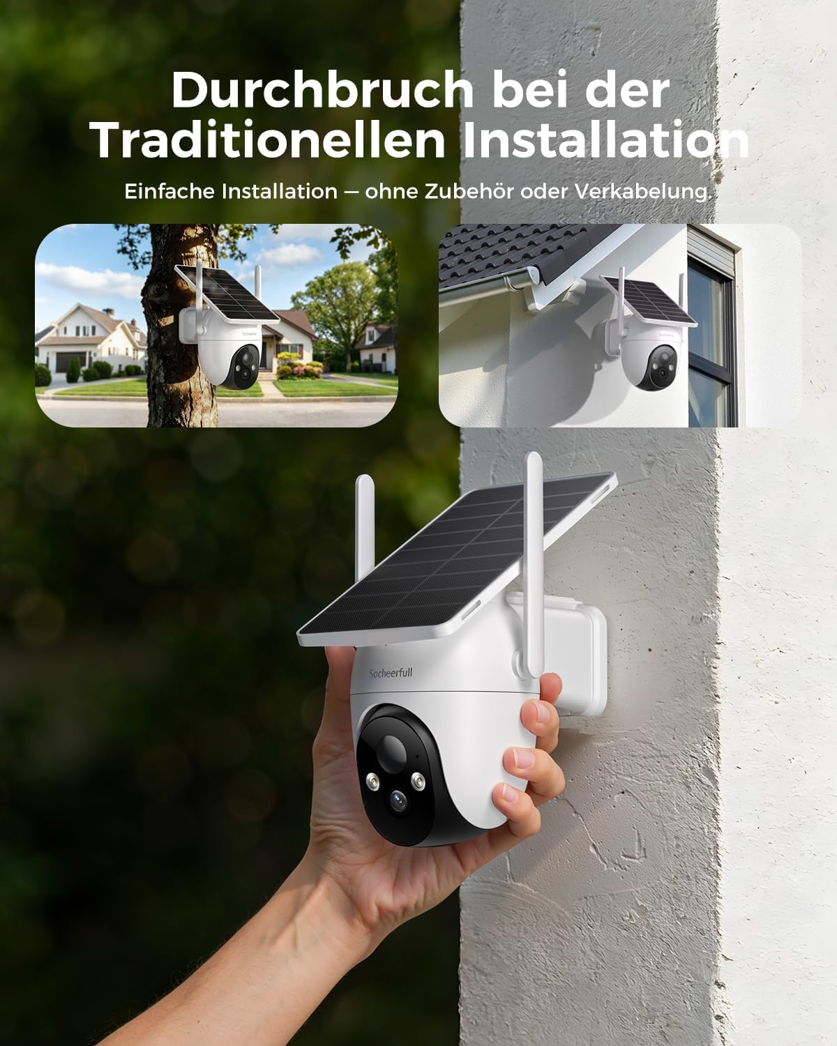 Detalle de Socheerfull 2K Überwachungskamera Außen Solar – kabellose 2,4 GHz WLAN Kamera mit Integriertem Solarpanel, 350° Rundum-Überwachung, KI-Erkennung, Farbnachtsicht und 2-Wege-Audio