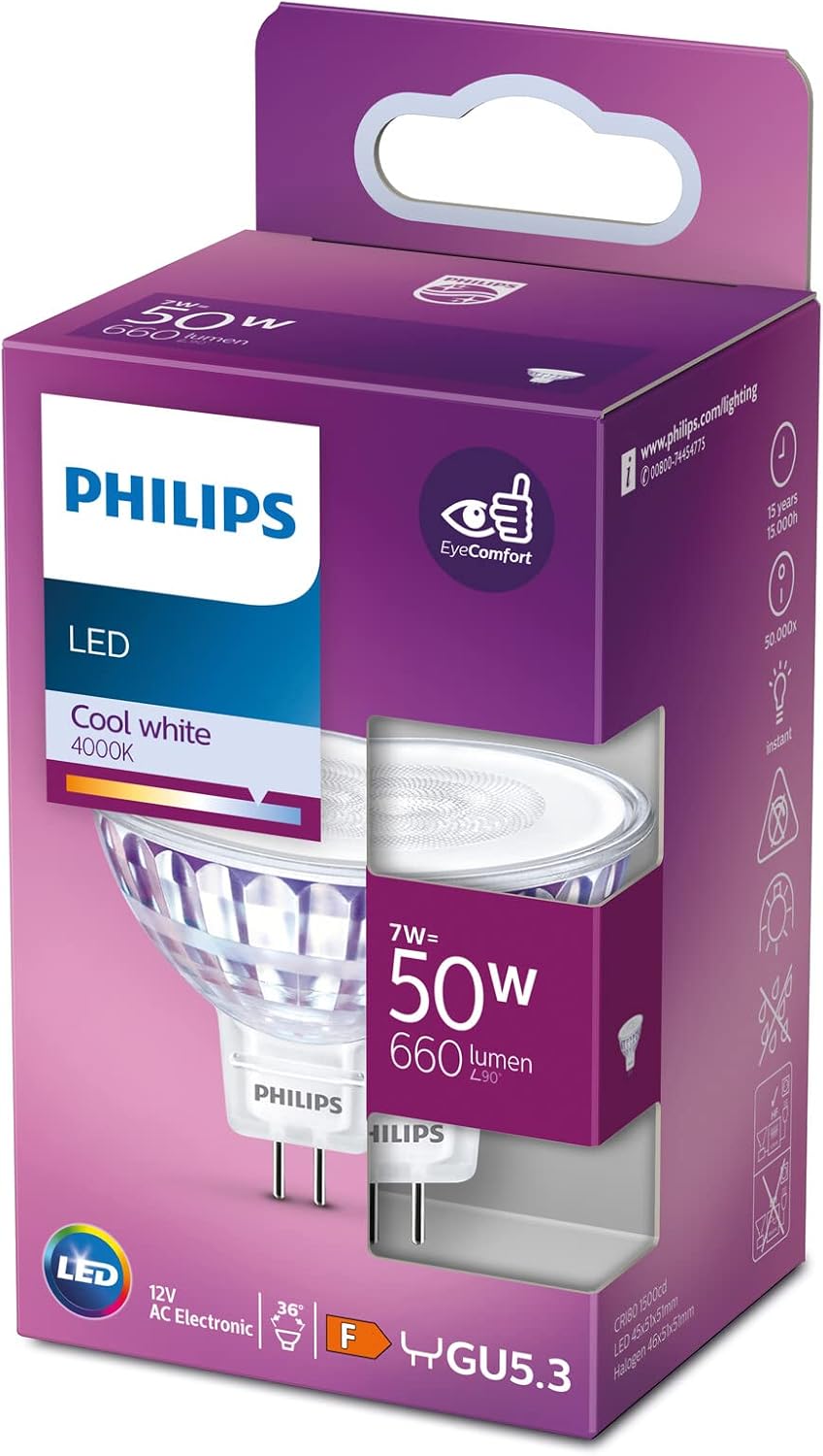 Detalle de Philips LED Lampadina Faretto GU5.3, equivalente a 50W, luce bianca fredda (non dimmerabile)