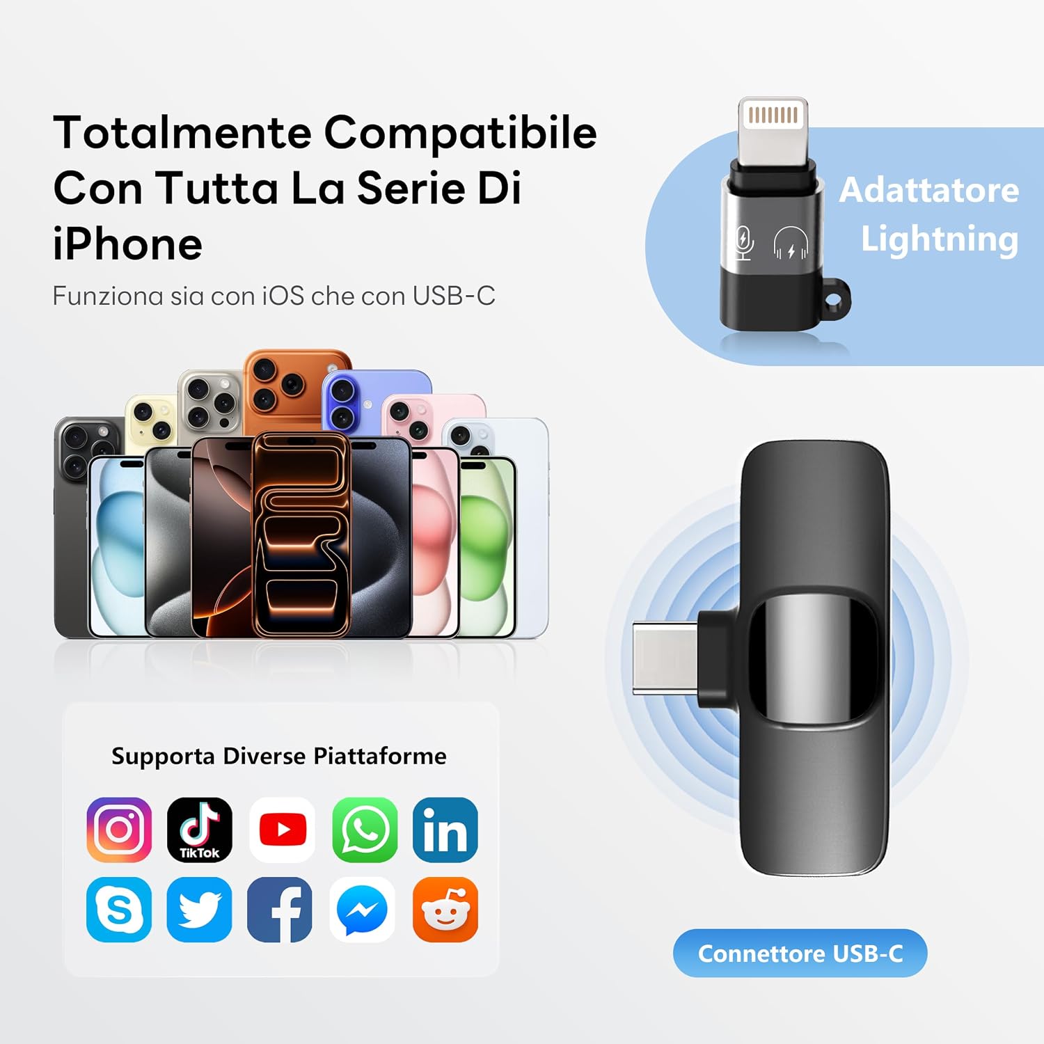 Thumbnail 6 de Qhot Microfono Wireless 2 Pezzi per iPhone e Android – Lavalier Plug & Play con USB-C e Lightning