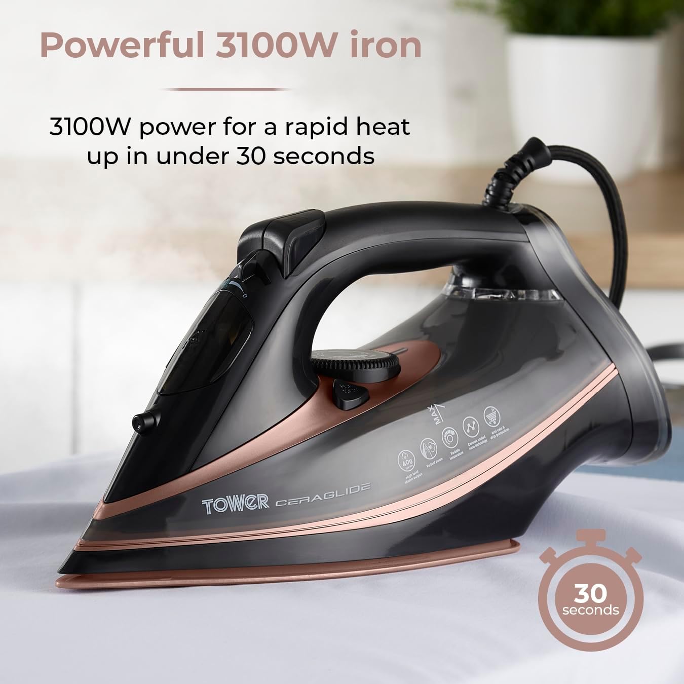 Thumbnail 2 de Tower Ceraglide Ultra Speed Iron (T22013) with Ceramic Soleplate, 3100W & Steam Boost