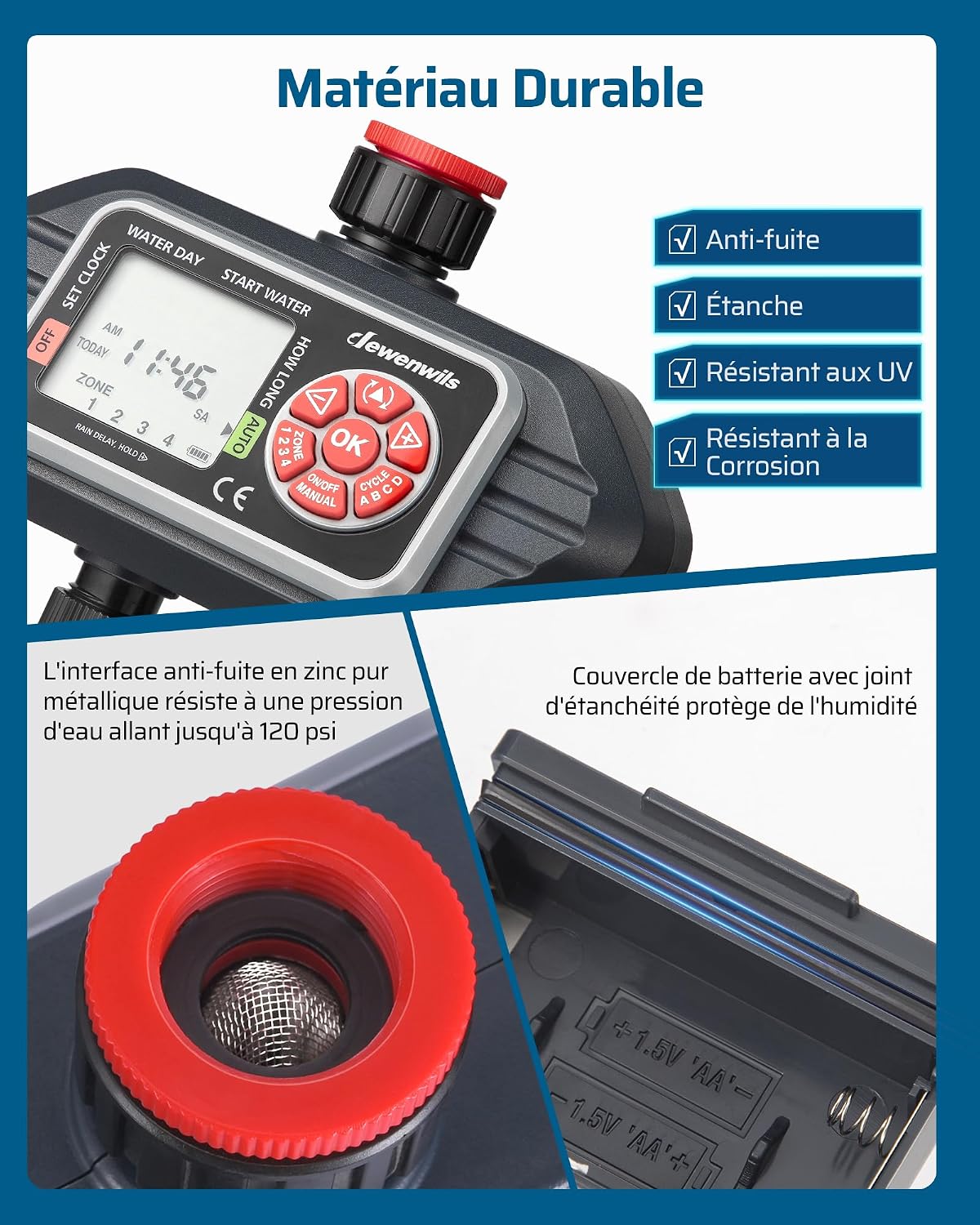 Detalle de DEWENWILS Programmateur Arrosage 4 Voies – 4 programmes indépendants par zone (IP54)