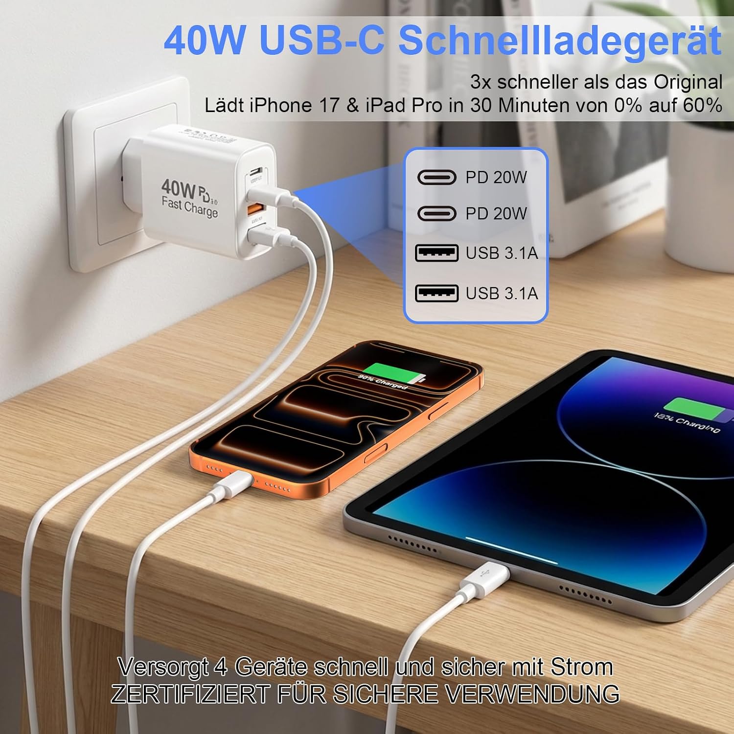 Detalle 2 de 2er Pack USB-C Ladegerät mit 4 Anschlüssen – 40 W Schnellladegerät (PD 3.0/QC)