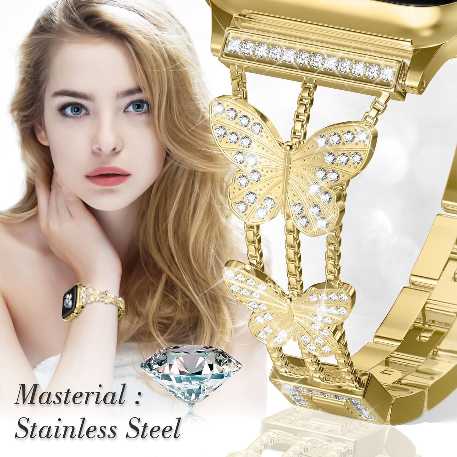 Detalle de Musk-MSKR Metal Diamond Starlight Band for Apple Watch – Butterfly Rhinestone Metal Band (38–49mm)