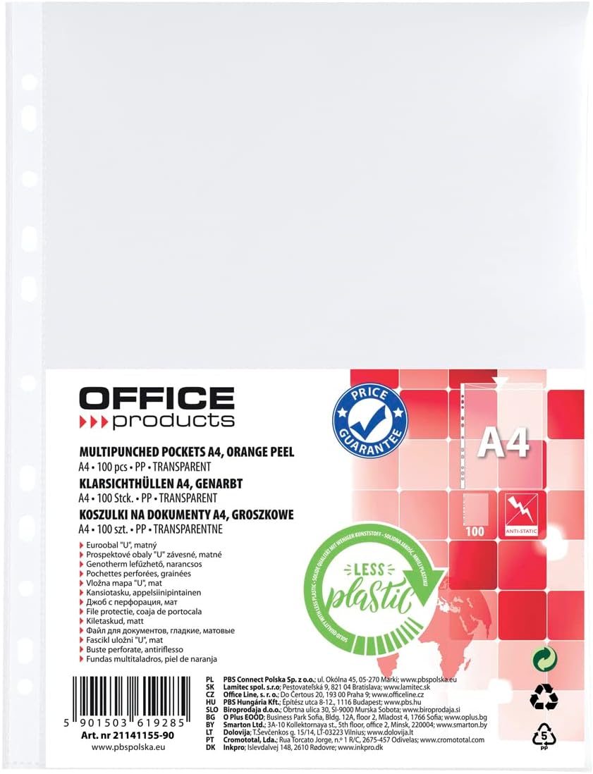 Detalle de OFFICE PRODUCTS 21141155-90 A4-brochurehoezen, 100 stuks, PP en 11-gaats