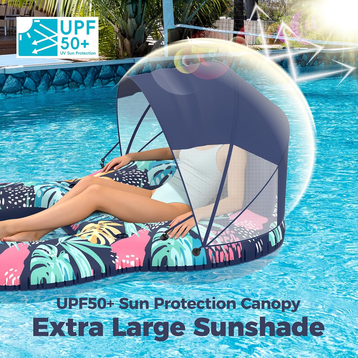 Detalle de POVRYE Pool Floats Adult with UPF 50+ Sunshade Canopy – Wide, Comfy Lounger with Cup Holders