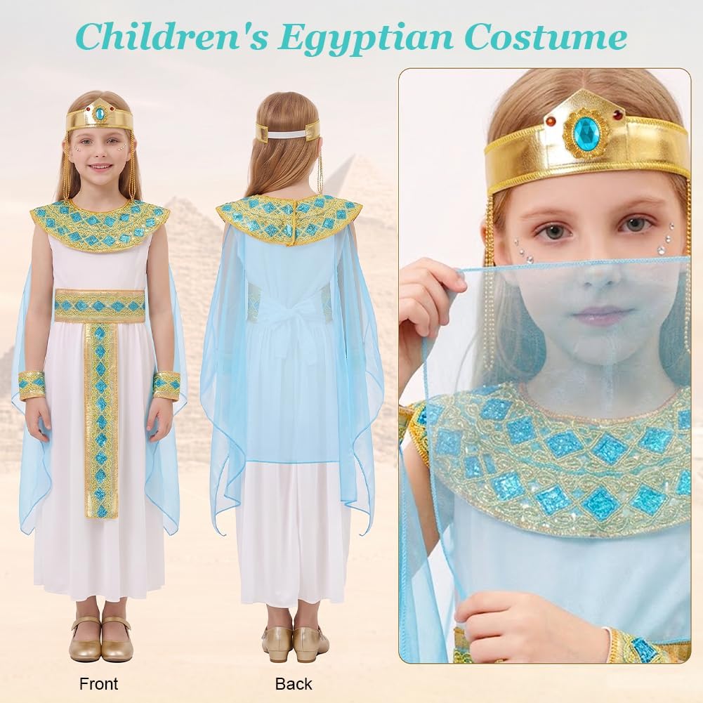 Detalle de AUYAO Egyptisch Cleopatra-kostuum voor meisjes, 6-delig, wit polyester