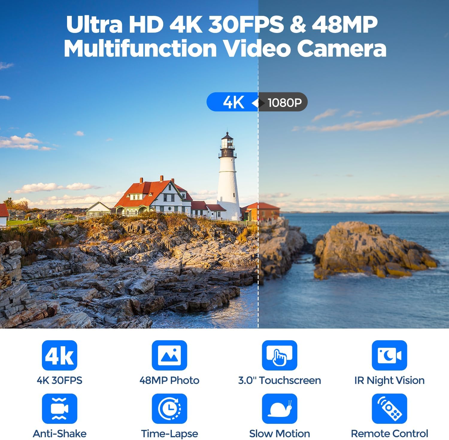 Thumbnail 1 de 4K Camcorder Video Camera (48MP) with 3" 270° Touch Screen, IR Night Vision, 32GB SD Card & Remote