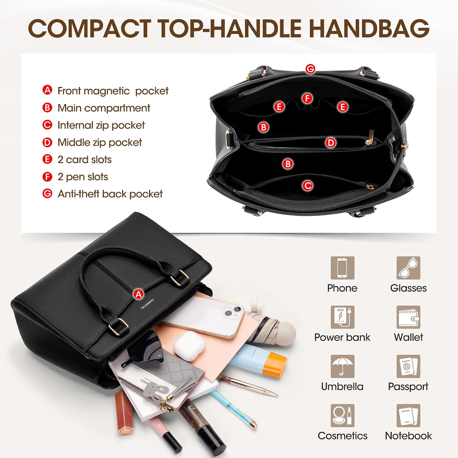 Thumbnail 3 de RAINSMORE PU leather designer handbag – compact top handle, shoulder & tote bag