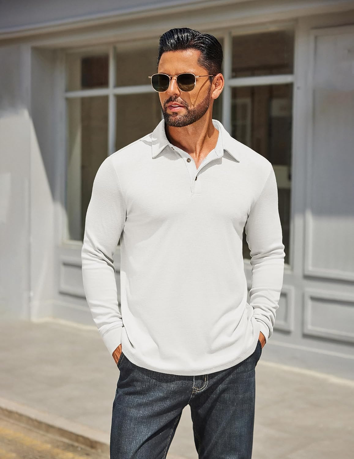 Detalle de COOFANDY Men's Long Sleeve Polo Shirt with Button Collar, Lightweight Feel