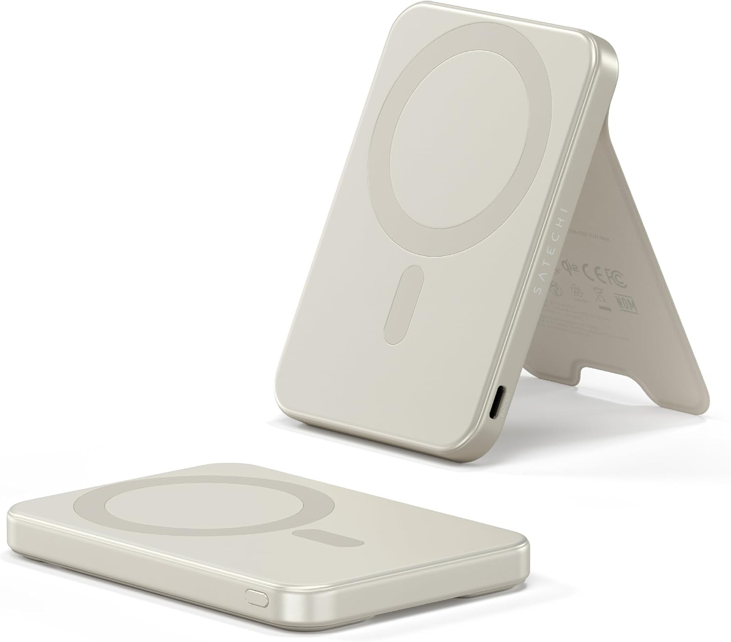 Detalle de SATECHI OntheGo Power Bank MagSafe 5000mAh – Batteria Esterna Qi2 con Supporto Integrato, Ricarica 15W (Beige)