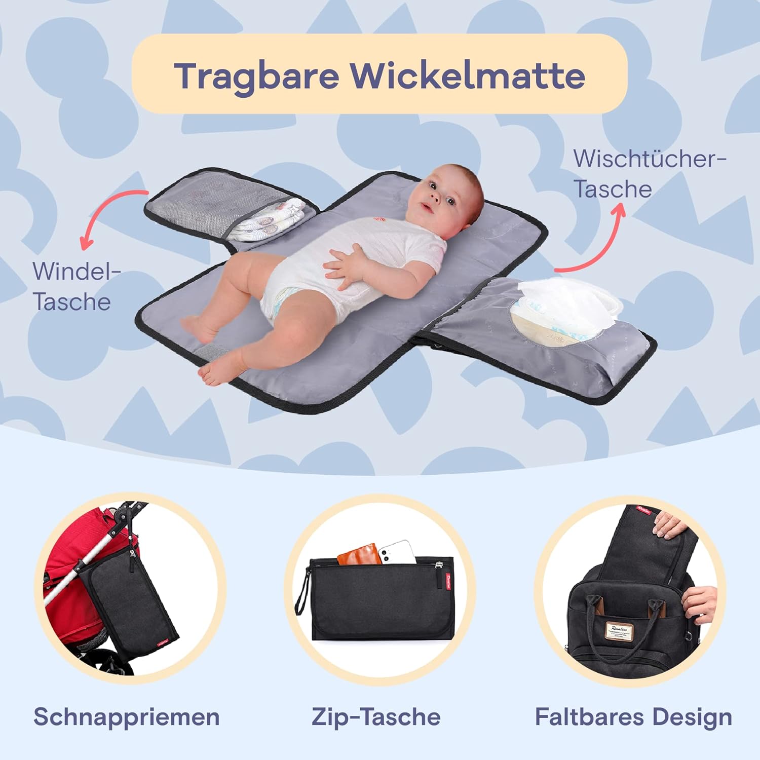 Detalle 2 de RUVALINO Baby Wickelrucksack Wickeltasche Rucksack mit tragbarer Wickelauflage, Schnullerhalter und Kinderwagengurten, Babytasche Multifunktional für Mama und Papa, Schwarz
RUVALINO Baby Wickelrucksack Wickeltasc…