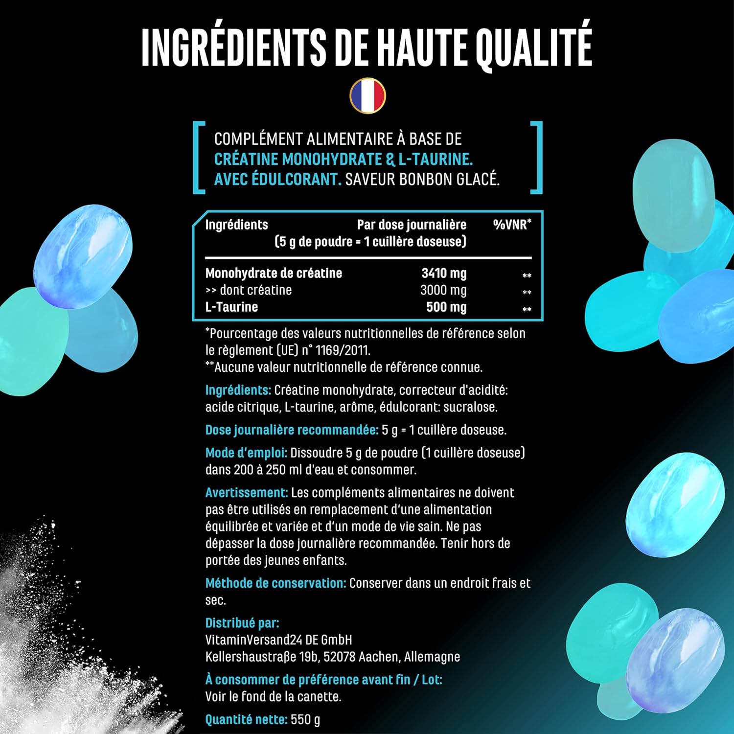 Thumbnail 4 de Flavoured Creatine poudre – 550 g, créatine monohydrate + L-taurine, aromatisée Ice Candy
