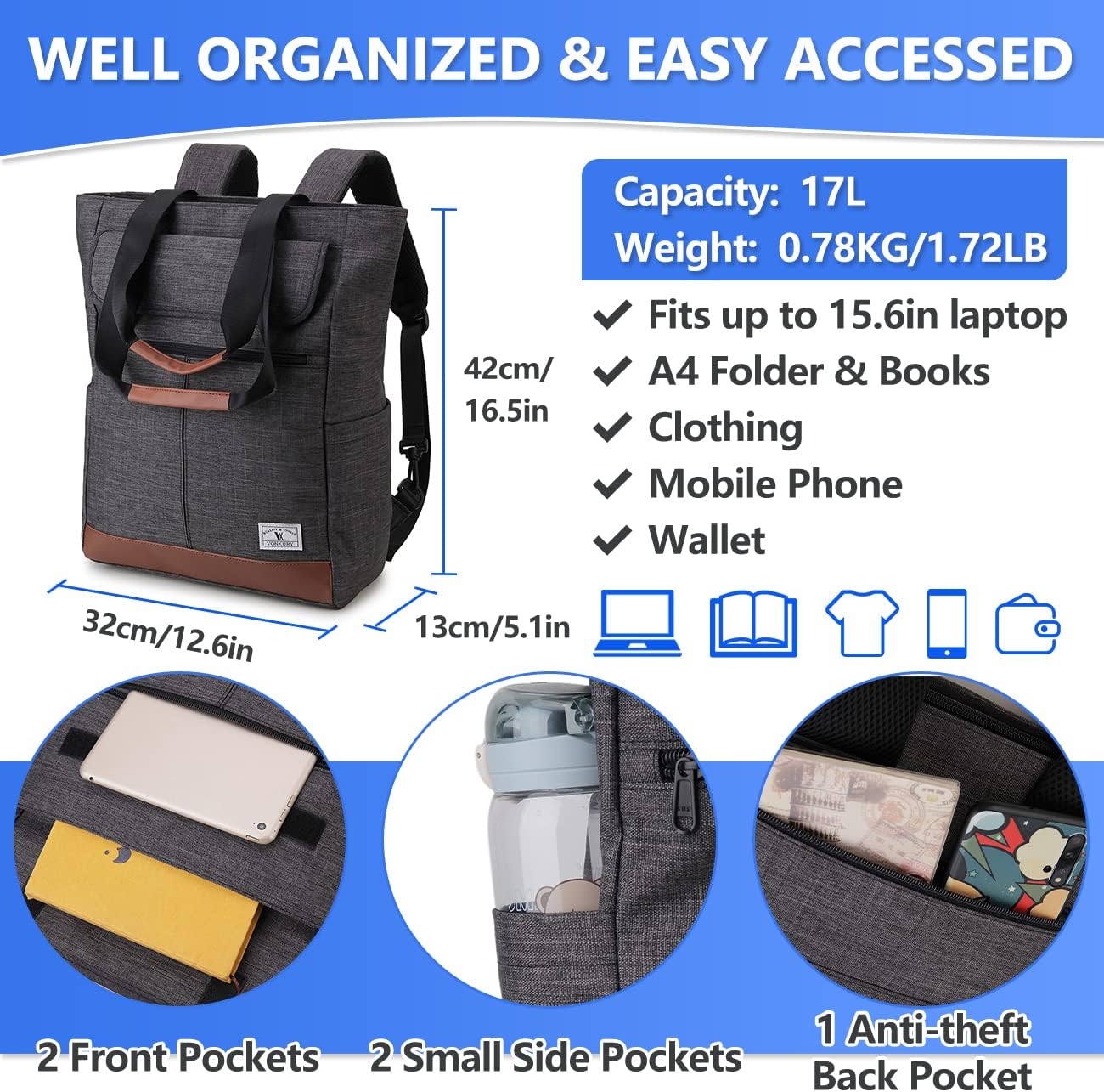 Detalle de VX VONXURY Laptop Backpack for Men: Water-Resistant 15.6-Inch Tote Convertible Bag