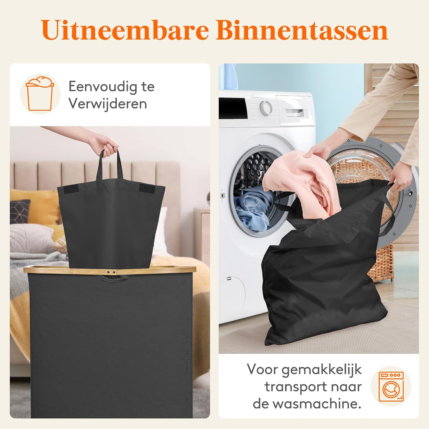 Detalle de Lifewit 23156 wasmand 150 liter met 3 vakken, bamboe frame en deksel