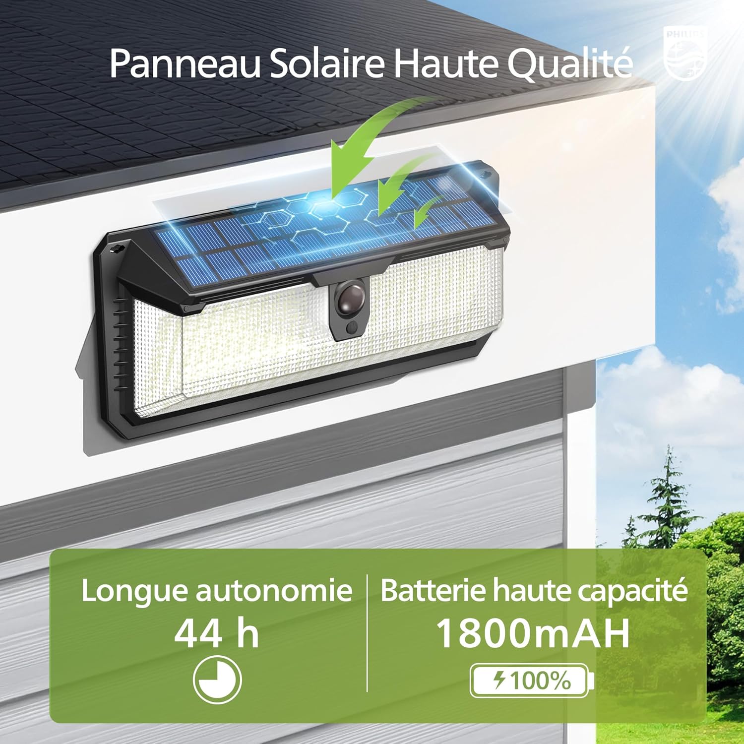 Thumbnail 6 de Philips Lampe Solaire Extérieur avec Détecteur (258 LED, 3 modes, étanche) – Lot de 2 pour jardin, clôture et garage