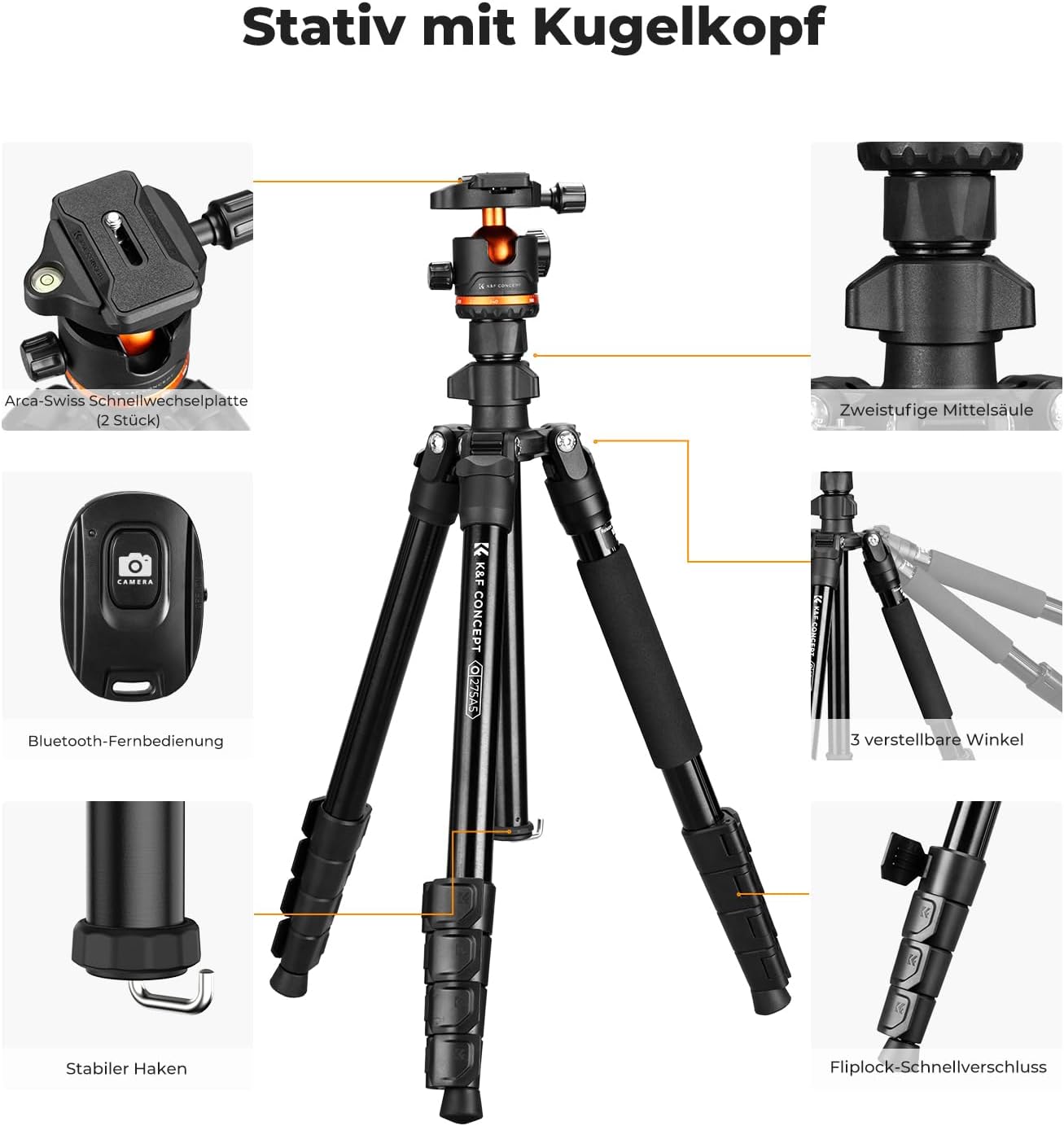 Thumbnail 1 de K&F CONCEPT Handy-Stativ O275A5+BH-36 – Kamerastativ mit Handyhalterung, 192 cm und Bluetooth-Fernauslöser