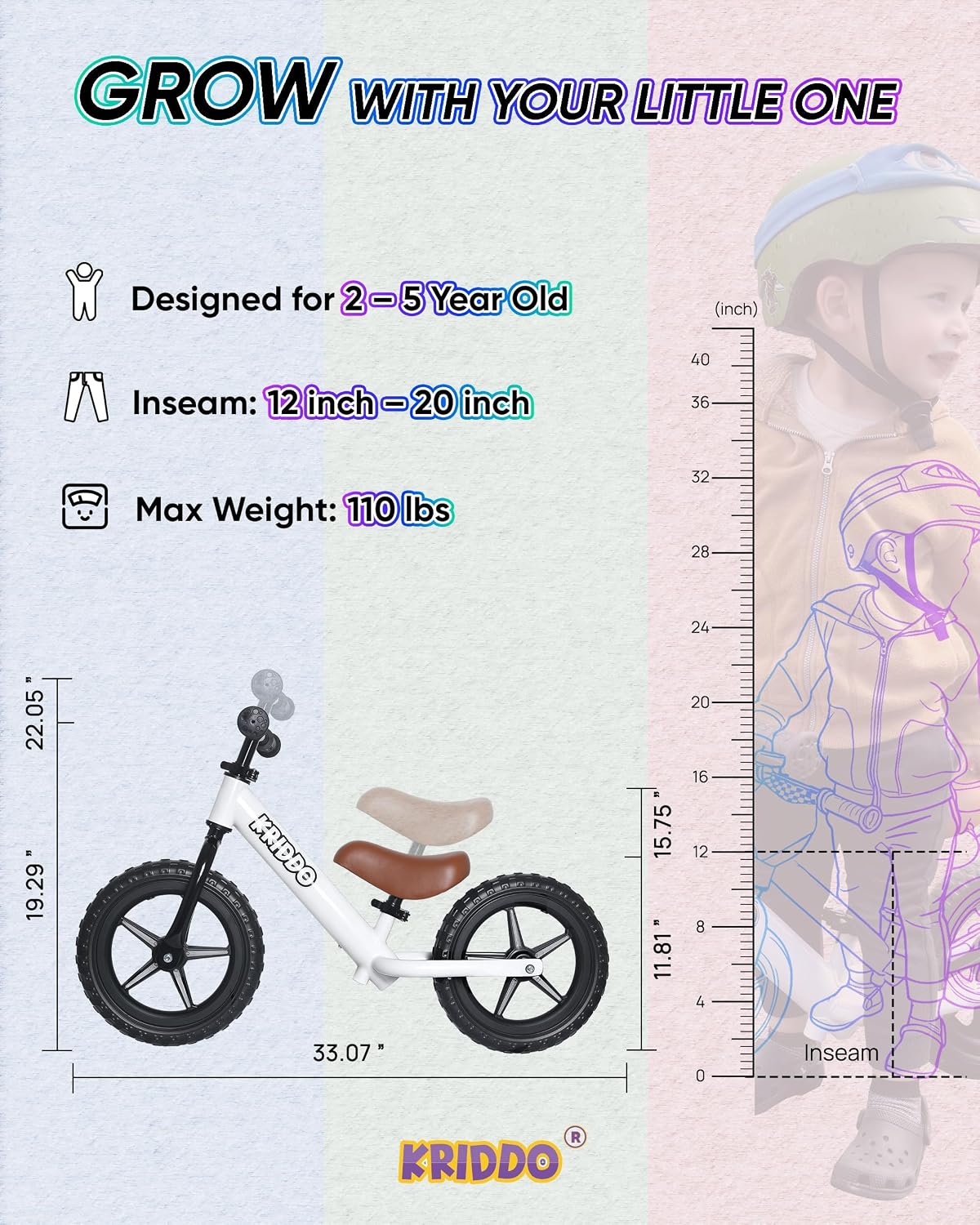 Thumbnail 5 de KRIDDO Toddler Balance Bike 12-Inch LED-White with LCD Tablet | 2–5 Years