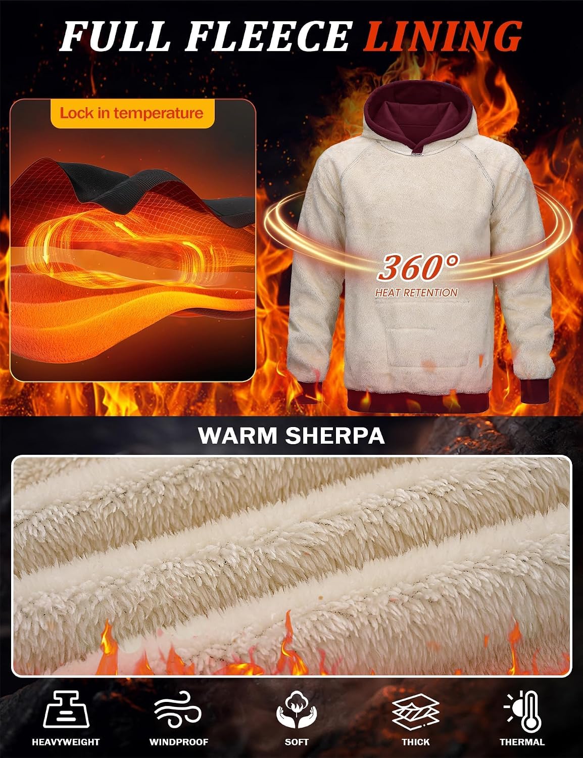Detalle de MAGCOMSEN Men's Sherpa Hoodie, Heavyweight Fleece Lined with Kangaroo Pocket