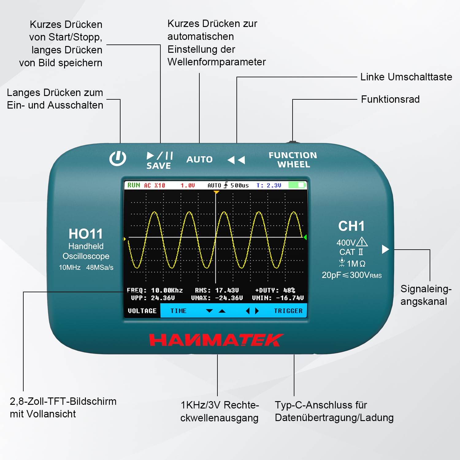 Detalle de HANMATEK HO11 Handheld-Digitaloszilloskop (10 MHz, 48 MSa/s) mit 2,8“-TFT und USB-Laden