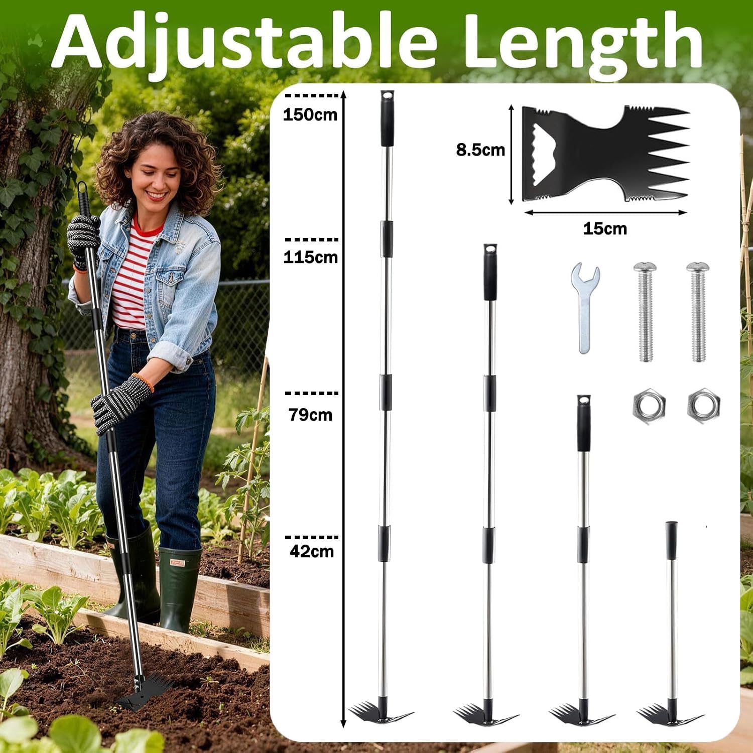 Detalle de 2-in-1 Weed Rake & Hoe Combo – Adjustable Heavy Duty Weeder (59in/150cm) with Stainless Steel Build