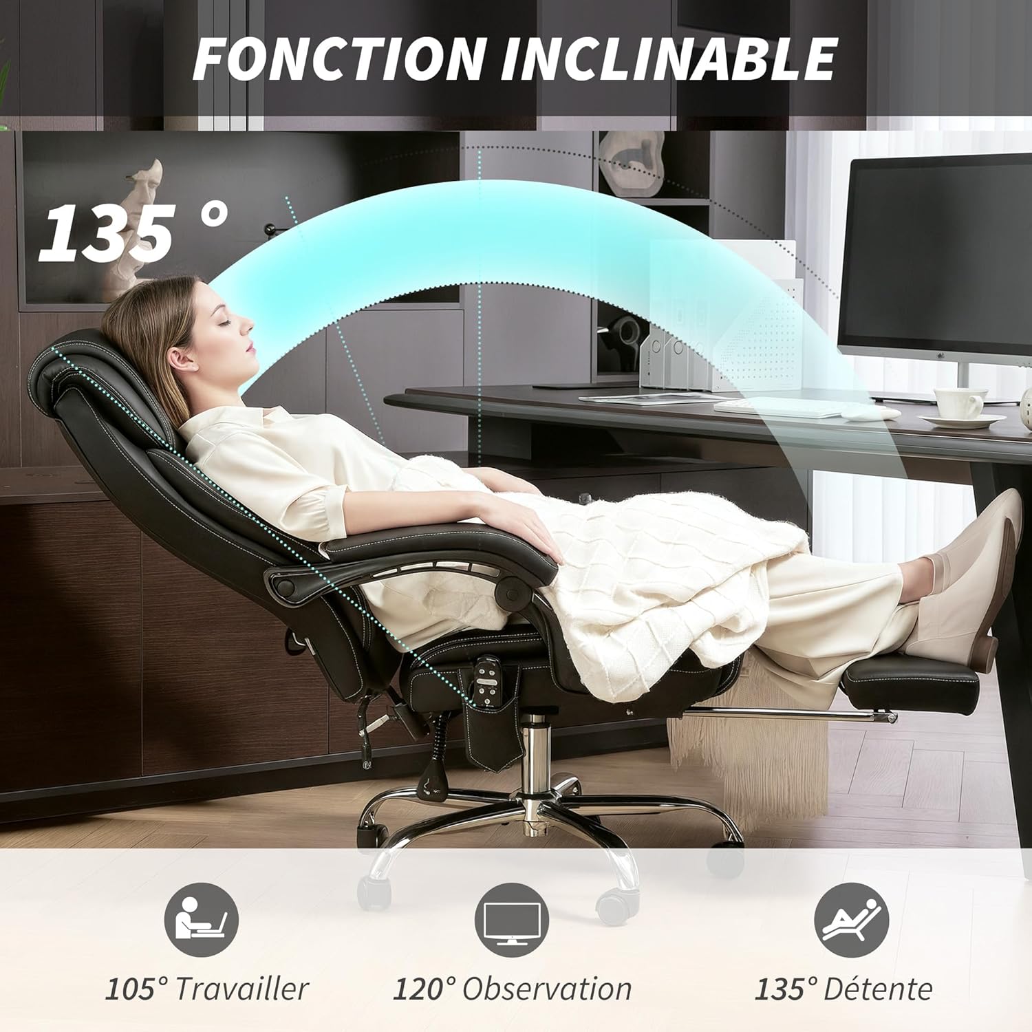 Thumbnail 6 de HOMCOM Fauteuil de Bureau massant et chauffant — Ergonomique, inclinaison 135°, repose-pieds et télécommande filaire
