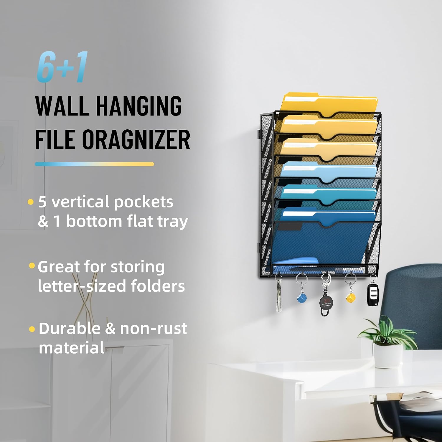 Detalle de SUPEASY 7-Tier Black Hanging Wall File Organizer with 5 Hooks