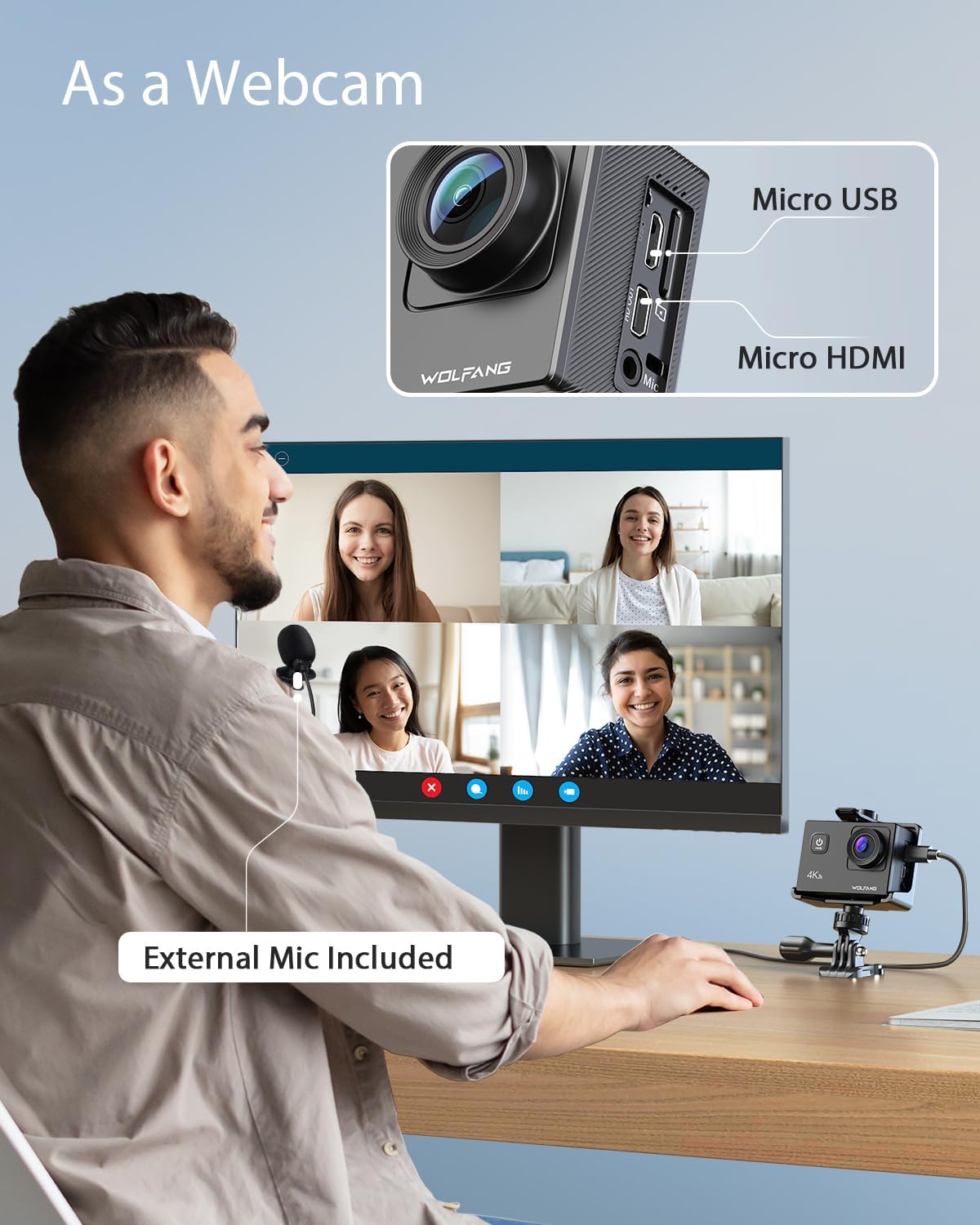 Detalle de WOLFANG GA100 Action Camera: 4K 20MP, 40m Waterproof, EIS Stabilisation & External Mic