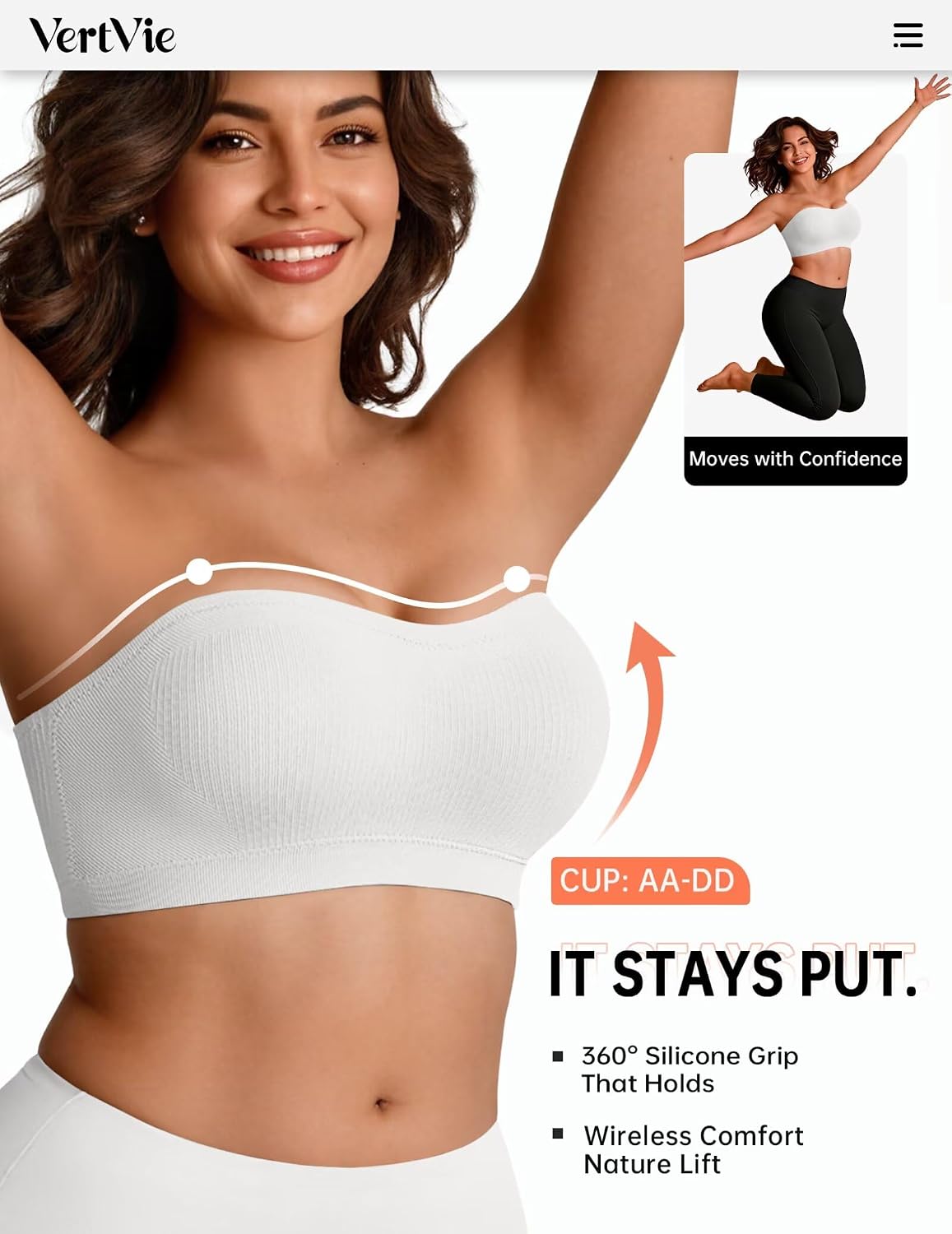 Detalle de Vertvie Strapless Wireless Push Up Bandeau Bra with Non-Slip Grip