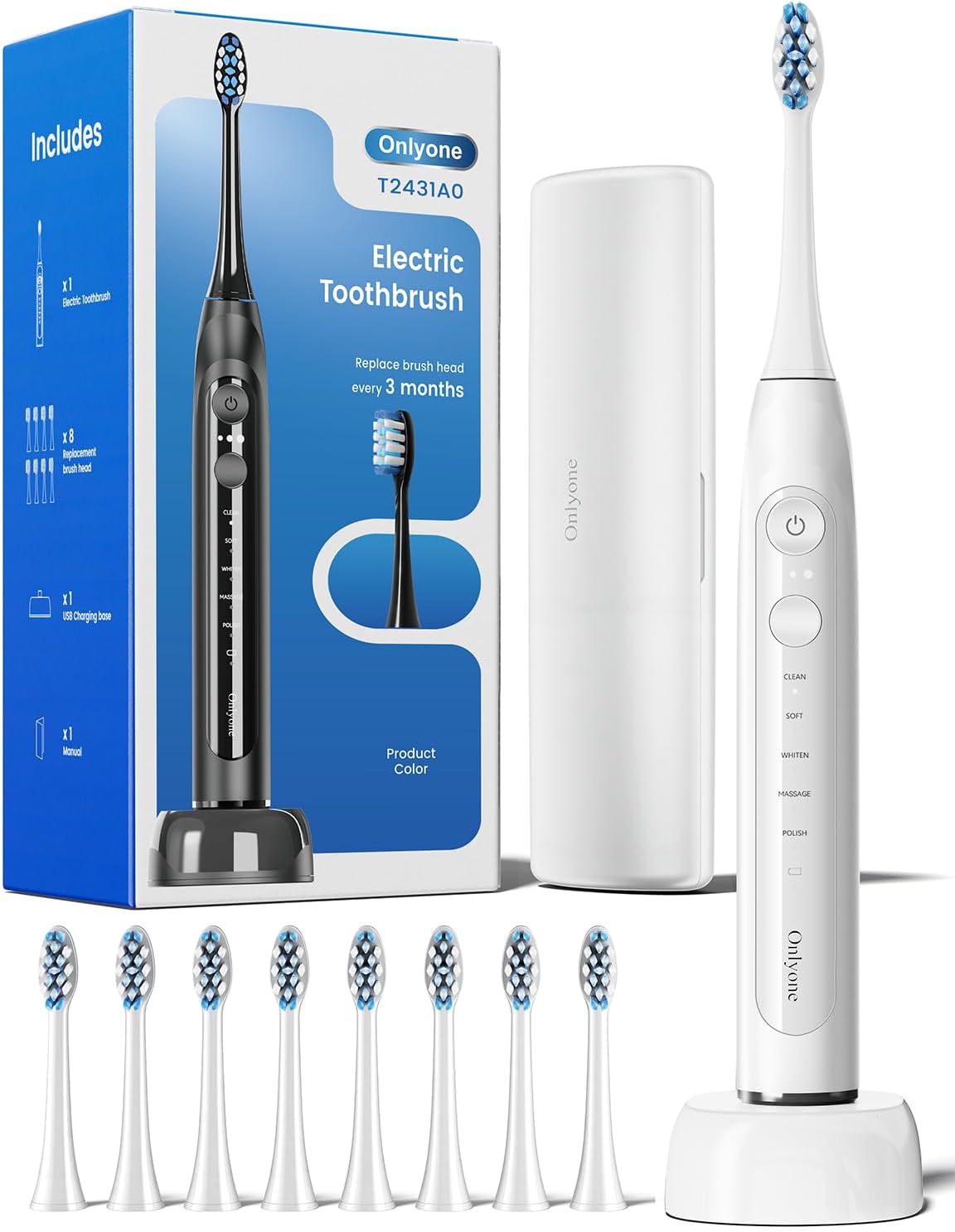 Detalle de Onlyone Sonic Electric Toothbrush for Adults with 8 Brush Heads, 5 Modes, Smart Timer, Travel Case & Wireless Charging
