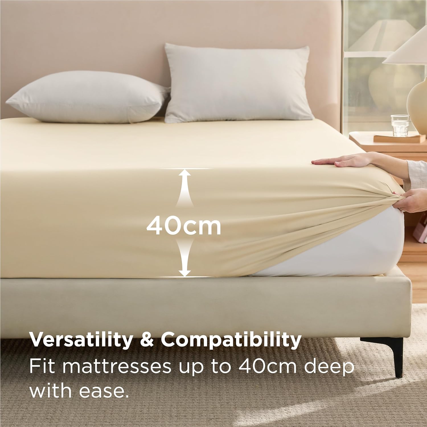 Detalle de Bedsure Single Fitted Sheet Deep – 2 Pack, Extra Deep Pocket 16 inch, 90x190cm, Beige