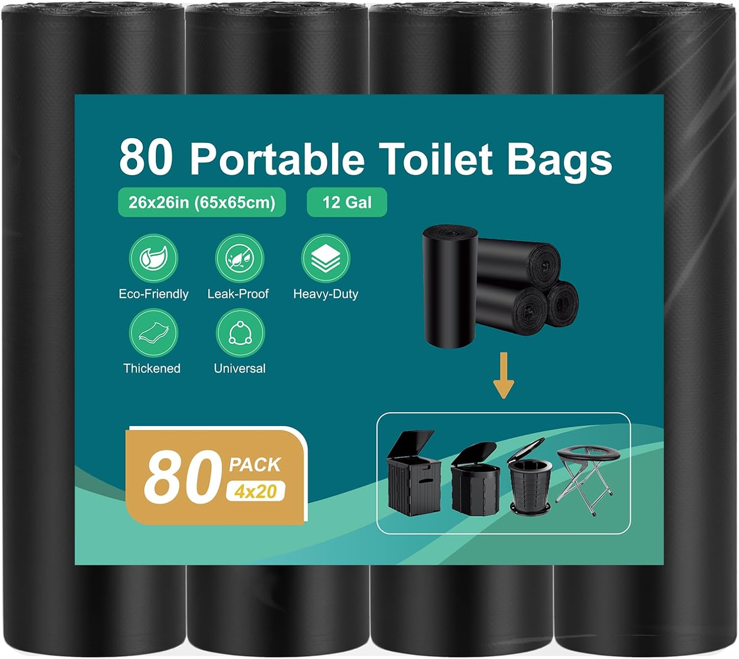 Detalle 2 de WADEO OD0633 toalettpåsar för camping, 80 st, svarta, 0,03 mm
